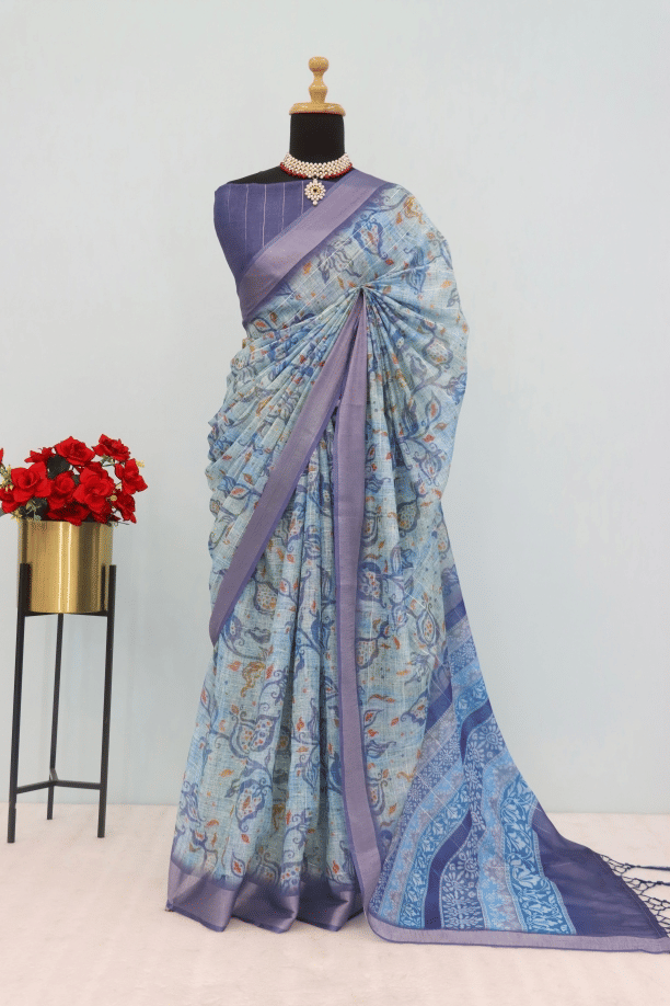 STAVROZ FASHION Linen Printed Saree With Unstitched Blouse Piece ( Multicolor )     			STAVROZ FASHION Linen Printed Saree With Unstitched Blouse Piece ( Multicolor )