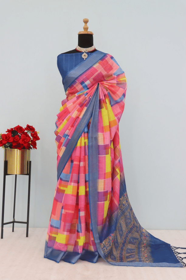 STAVROZ FASHION Linen Printed Saree With Unstitched Blouse Piece ( Multicolor ) STAVROZ FASHION Linen Printed Saree With Unstitched Blouse Piece ( Multicolor )