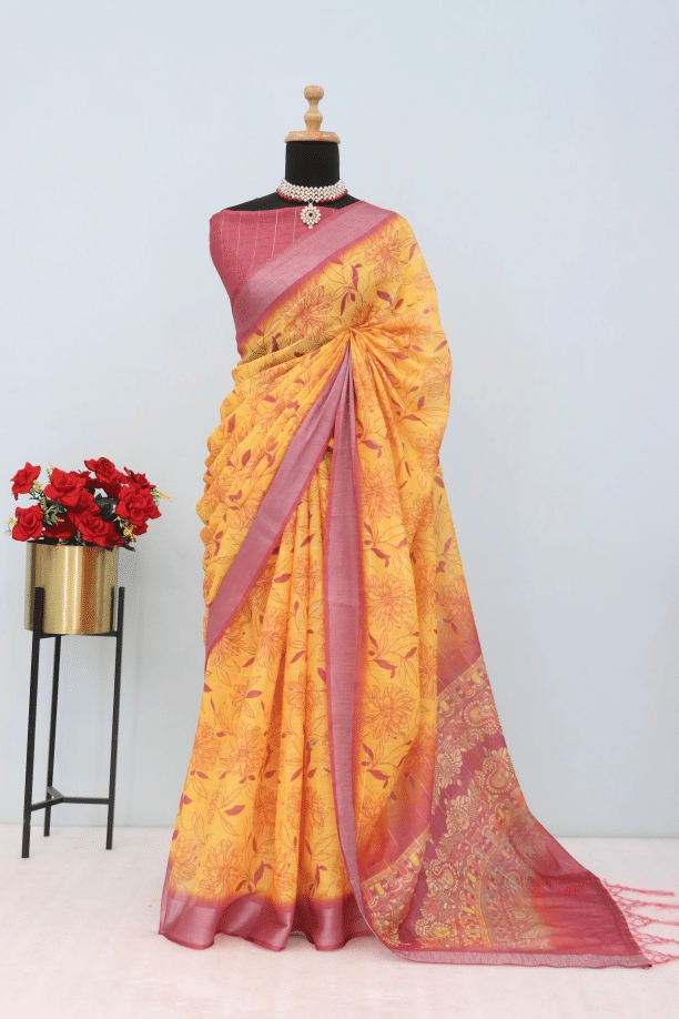 STAVROZ FASHION Linen Printed Saree With Unstitched Blouse Piece ( Multicolor ) STAVROZ FASHION Linen Printed Saree With Unstitched Blouse Piece ( Multicolor )