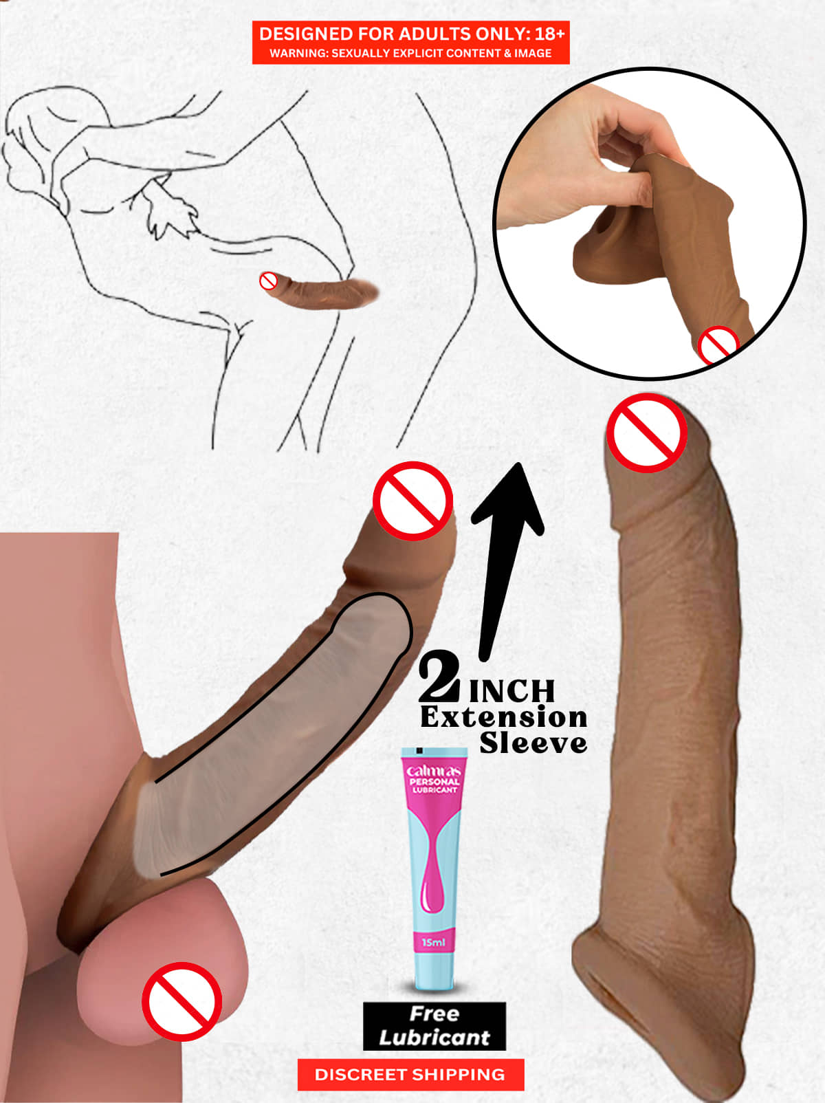 Silicone Penis Sleeve Extender Cock Ring to Penis Girth and Length Extension with Anti-Slip Double Hole Design Delay Ejaculation Sex Toys With Free Lube - Naughty Nights