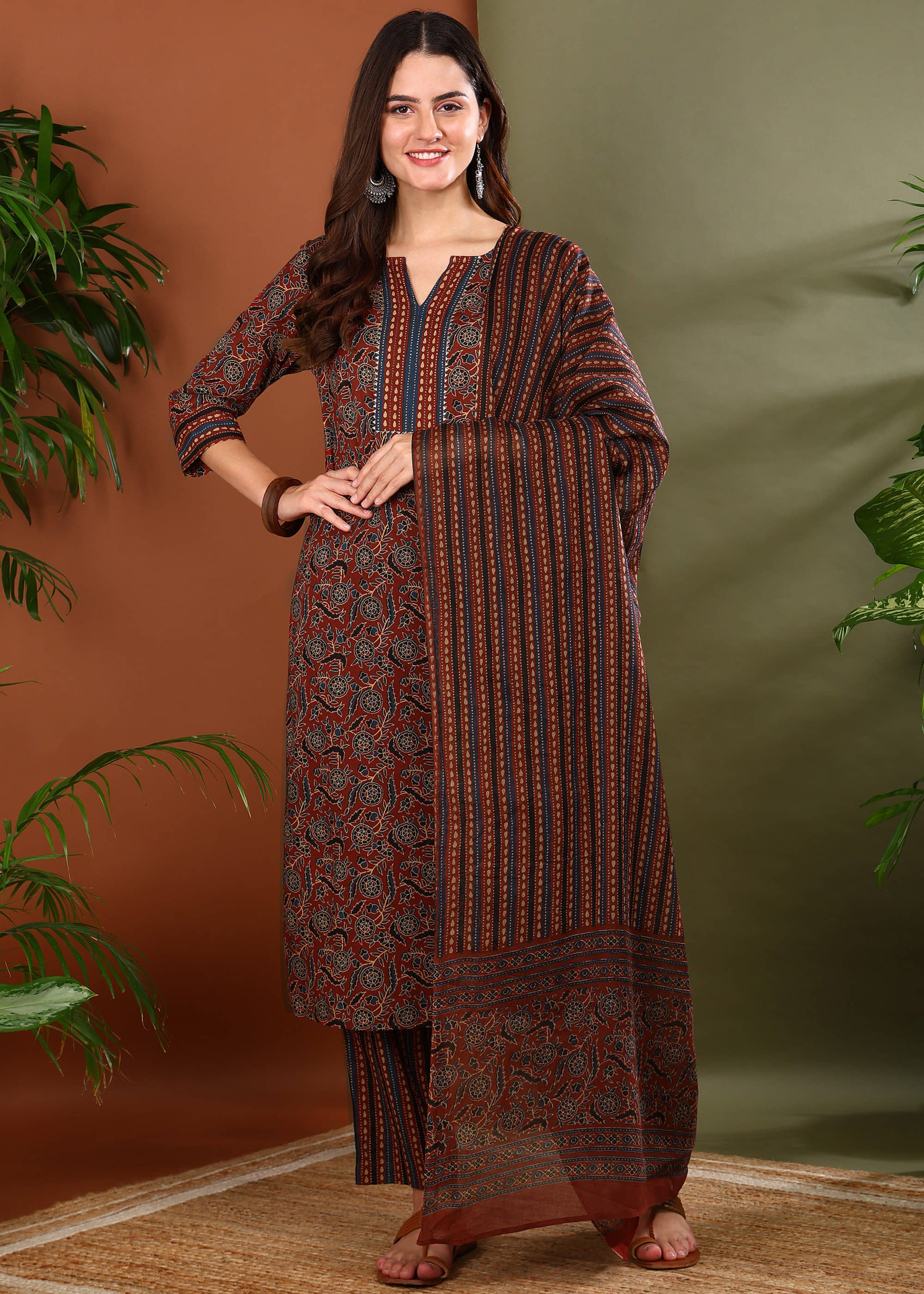 Yash Gallery Cotton Printed Kurti With Pants Women's Stitched Salwar Suit - Maroon ( Pack of 1 )