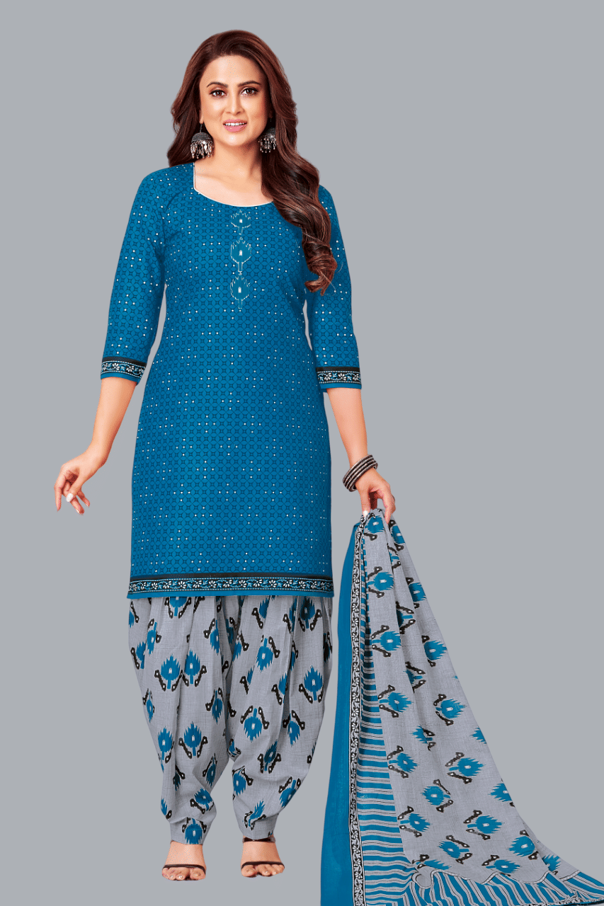    			shree jeenmata collection Unstitched Cotton Embellished Dress Material - Blue ( Pack of 1 )