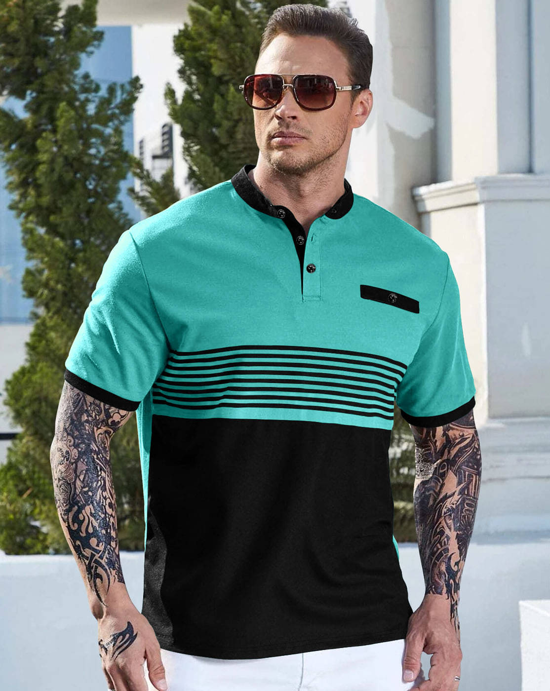Eyebogler Cotton Blend Regular Fit Striped Half Sleeves Men's Mandarin Collar T-Shirt - Green ( Pack of 1 ) Eyebogler Cotton Blend Regular Fit Striped Half Sleeves Men's Mandarin Collar T-Shirt - Green ( Pack of 1 )
