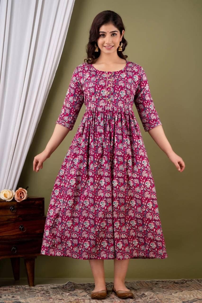     			Fasnesio Pack of 1 Cotton Printed Anarkali Women's Kurti - ( Pink )