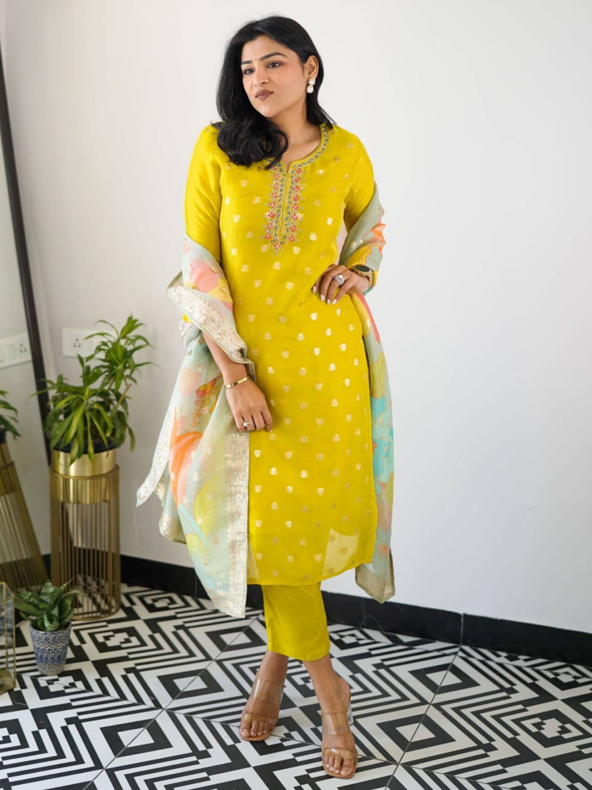 Eeloo Chanderi Embroidered Kurti With Pants Women's Stitched Salwar Suit - Yellow ( Pack of 1 ) Eeloo Chanderi Embroidered Kurti With Pants Women's Stitched Salwar Suit - Yellow ( Pack of 1 )