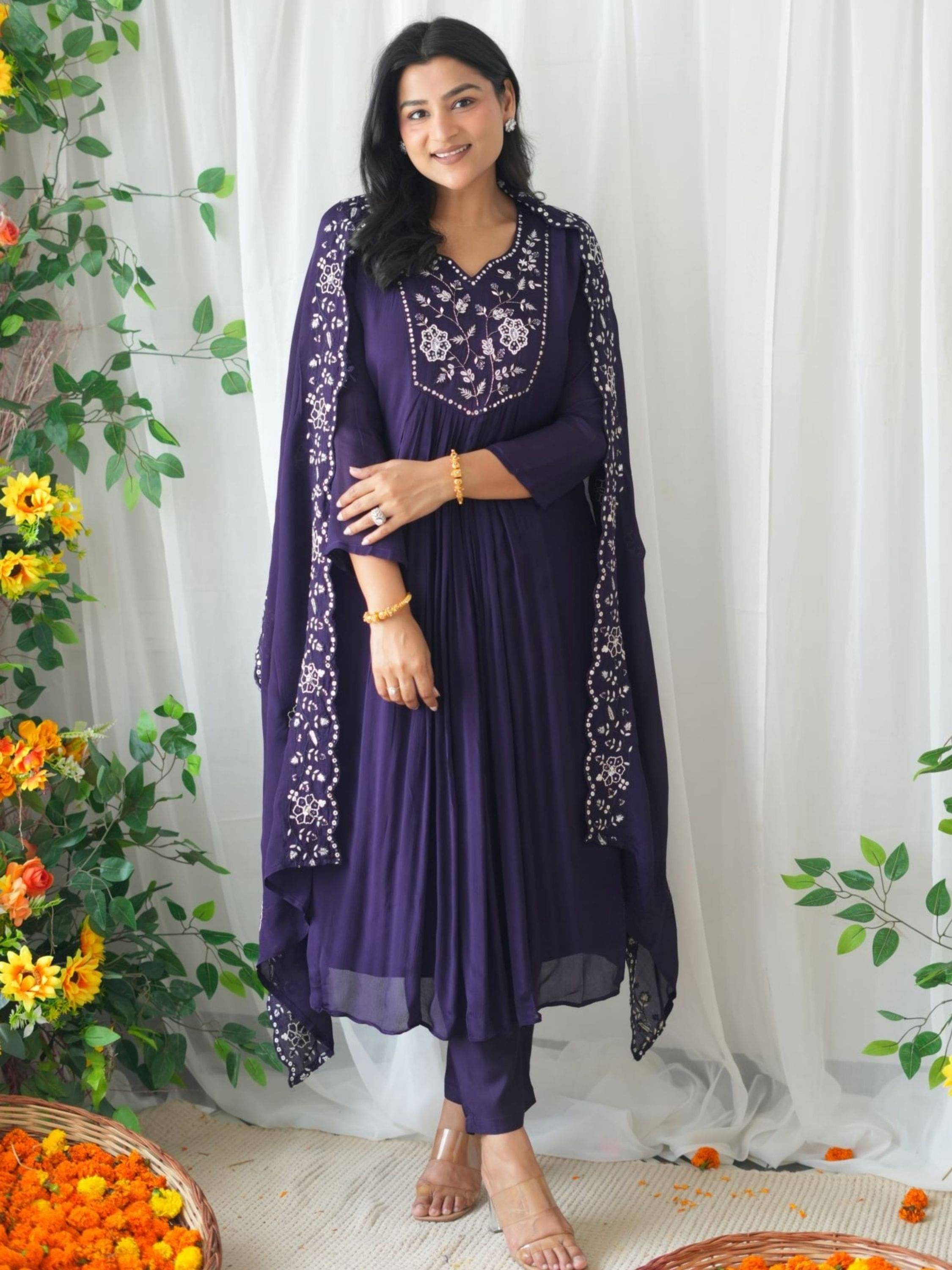     			Eeloo Silk Embroidered Kurti With Pants Women's Stitched Salwar Suit - Purple ( Pack of 1 )