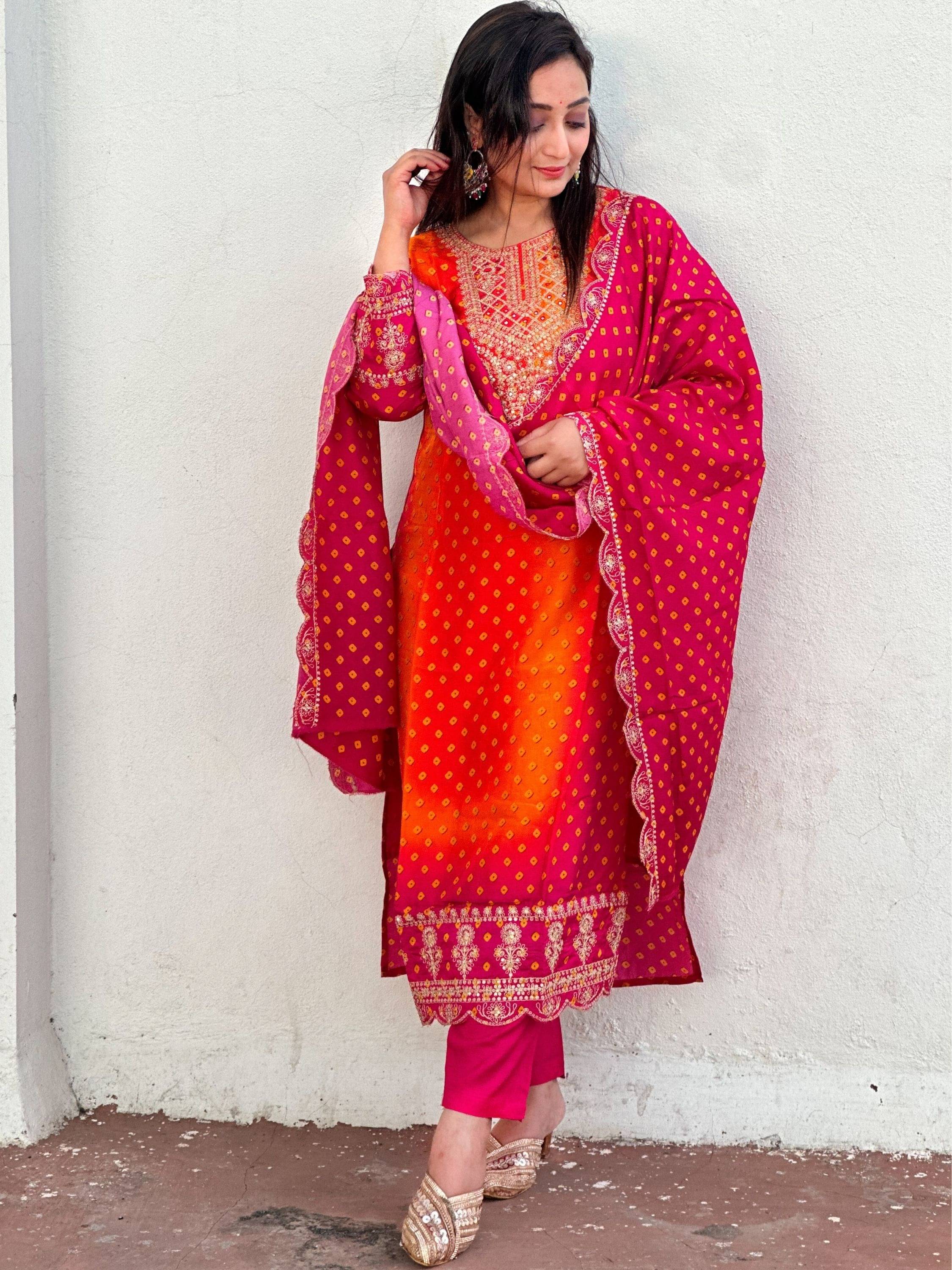     			Eeloo Silk Embroidered Kurti With Pants Women's Stitched Salwar Suit - Orange ( Pack of 1 )