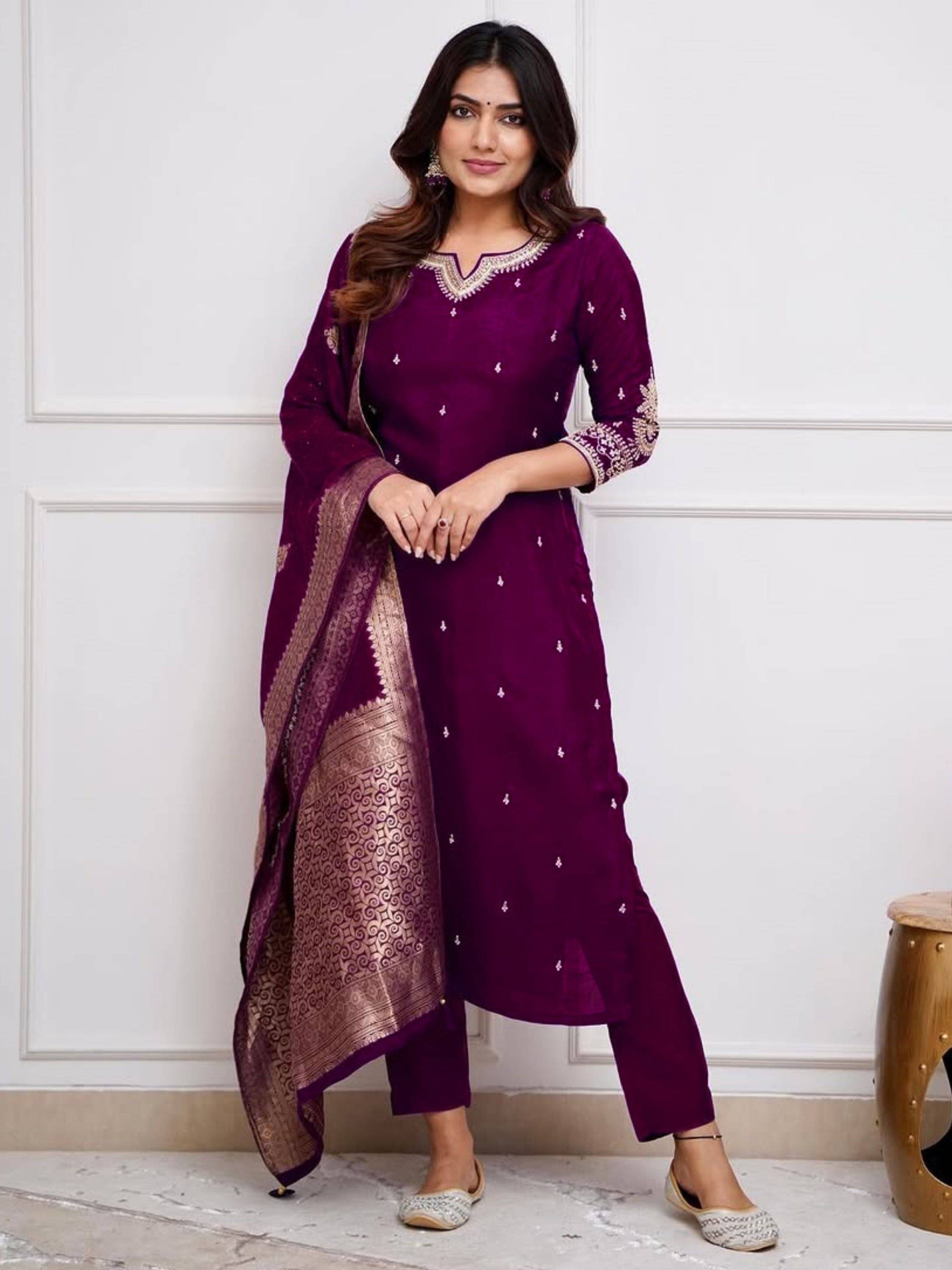 Eeloo Silk Embroidered Kurti With Pants Women's Stitched Salwar Suit - Purple ( Pack of 1 ) Eeloo Silk Embroidered Kurti With Pants Women's Stitched Salwar Suit - Purple ( Pack of 1 )