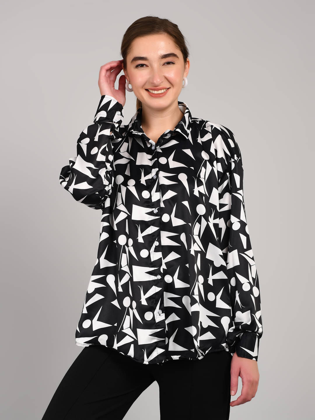 MAYKR Women Printed Satin Shirt ( Black )     			MAYKR Women Printed Satin Shirt ( Black )
