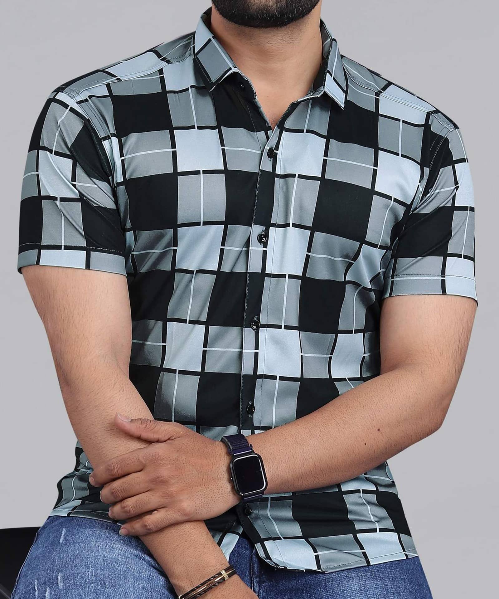 STI Cotton Blend Regular Fit Checks Half Sleeves Men's Casual Shirt - Black ( Pack of 1 )