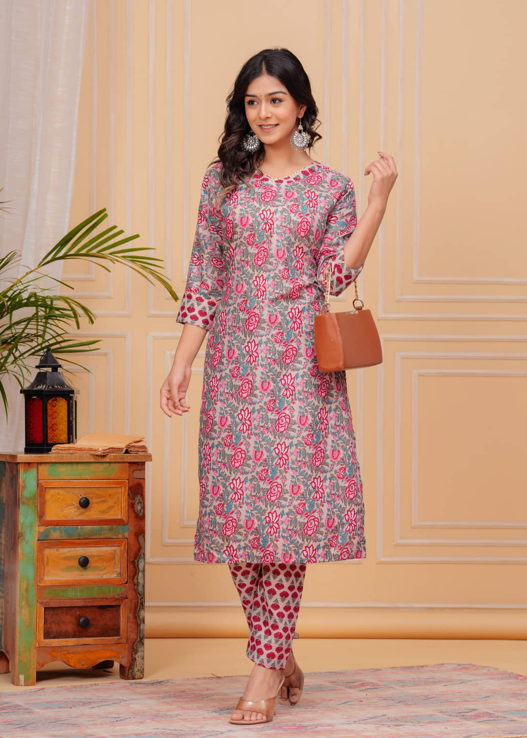 YAGNIK FASHION Cotton Printed Kurti With Pants Women's Stitched Salwar Suit - Peach ( Pack of 1 )