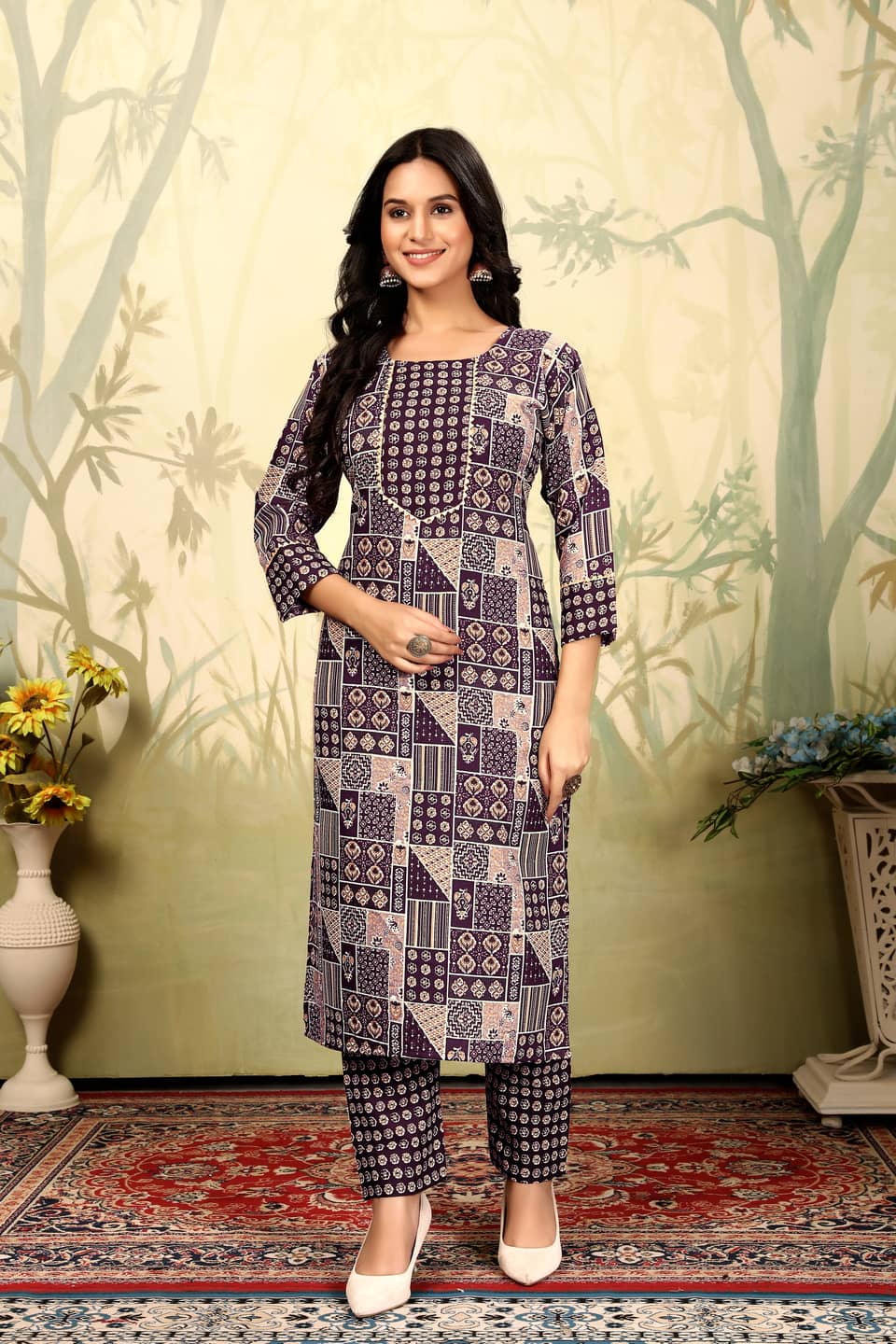 YAGNIK FASHION Cotton Printed Kurti With Pants Women's Stitched Salwar Suit - Wine ( Pack of 1 )