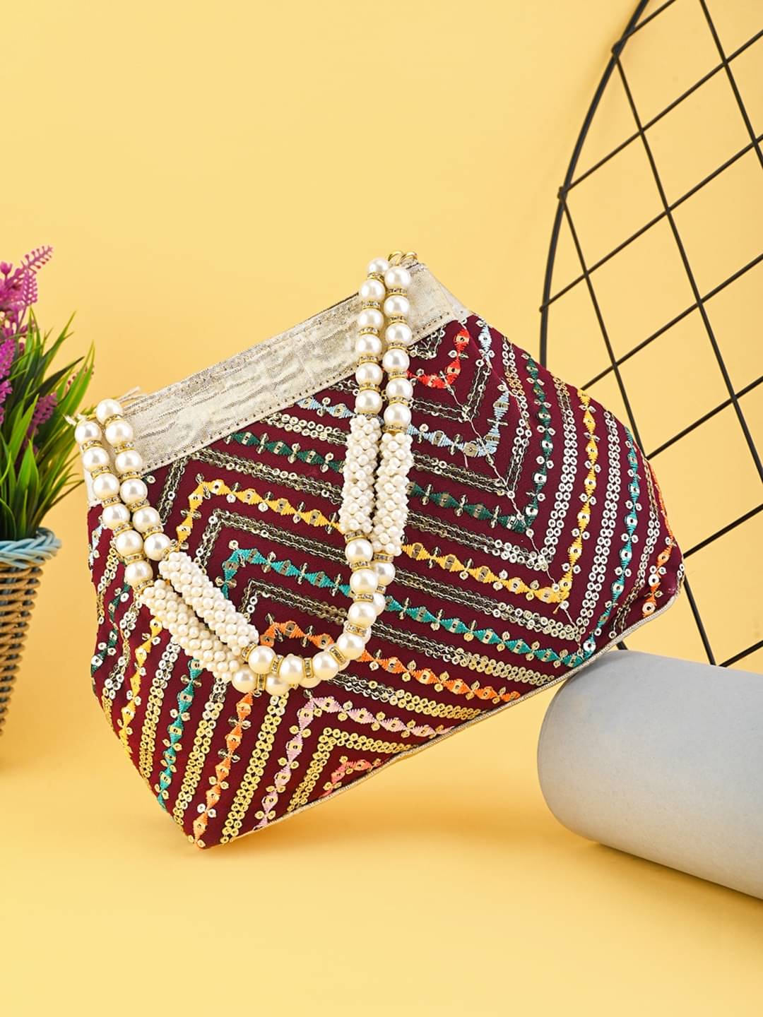     			Anjaneya Creations Handheld Bag Fabric Set of 1 ( Maroon )