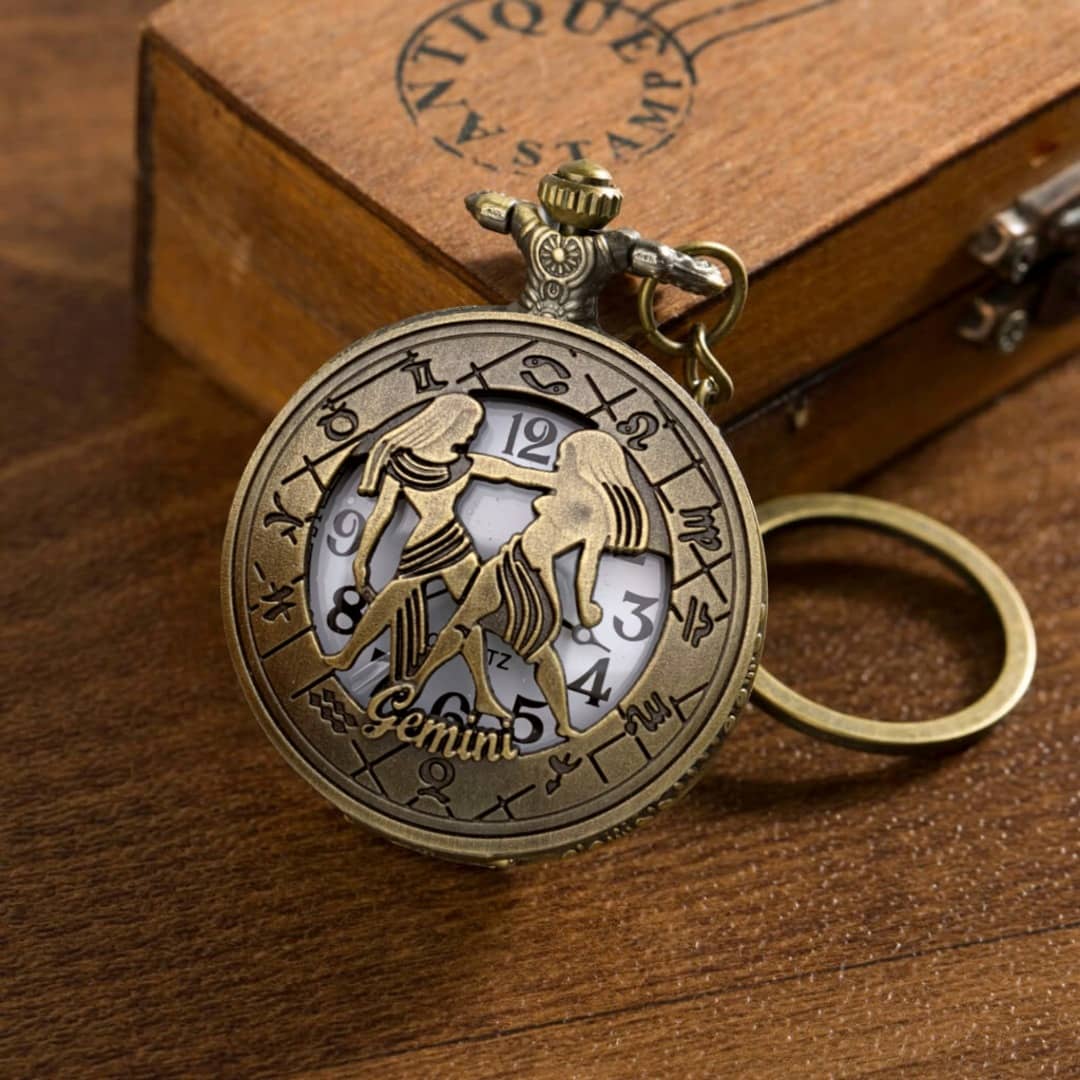 GT Gala Time Zodiac Sign Gemini Pocket Watch Car Bike Key Chain with Key Ring Men, Woman Gift Key Chain