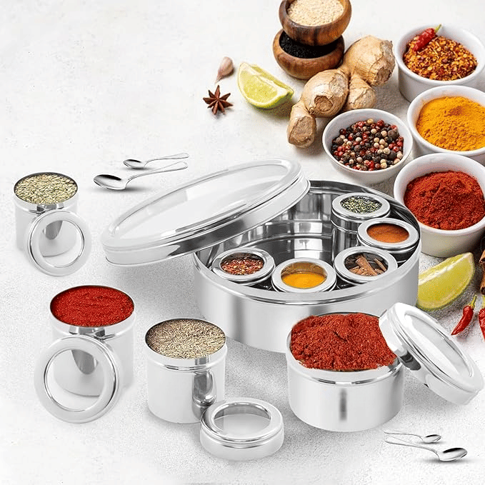     			STEEPLE Steel Silver Spice Container ( Set of 9 )
