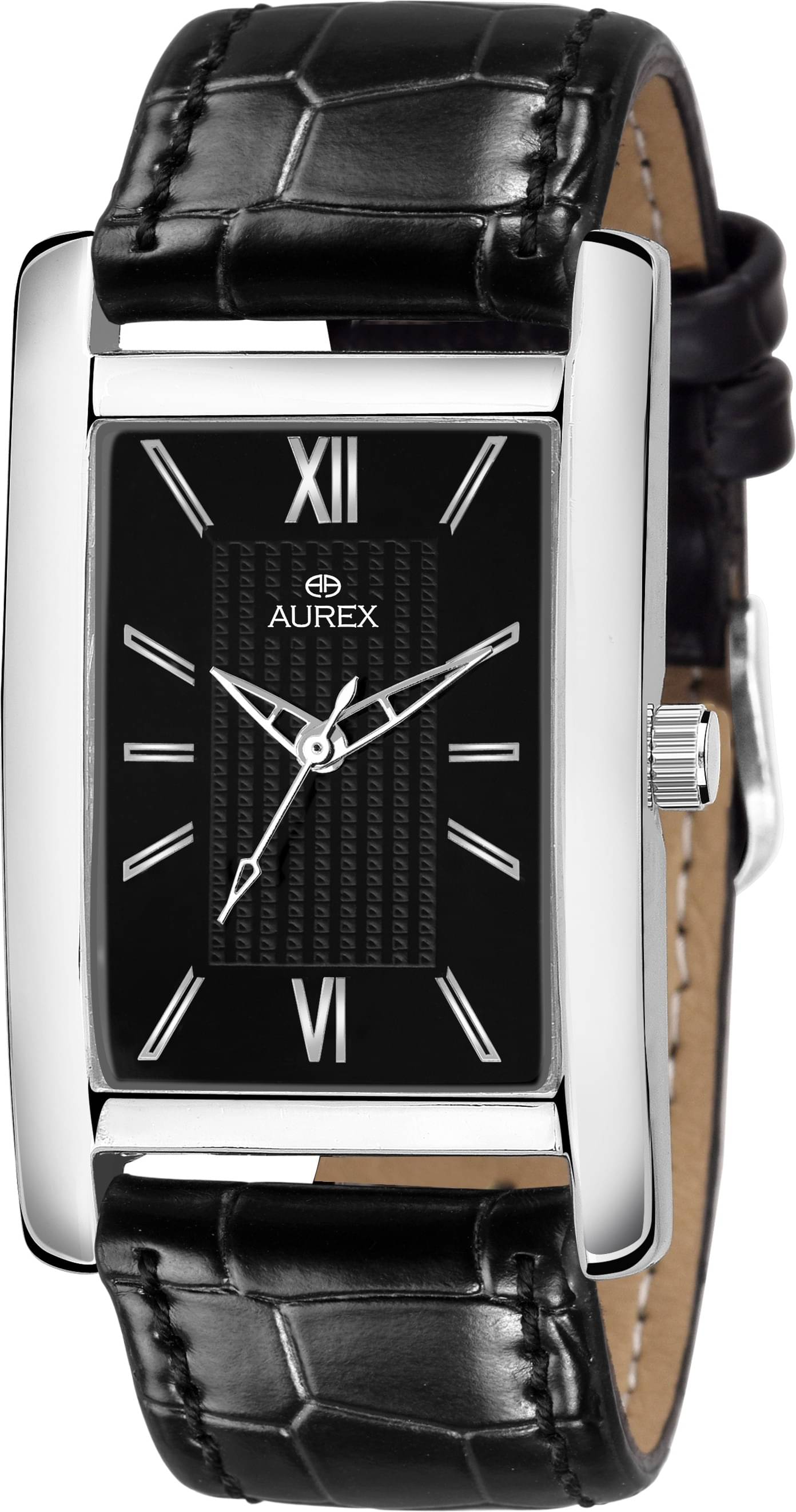     			AUREX Black PU Analog Men's Watch