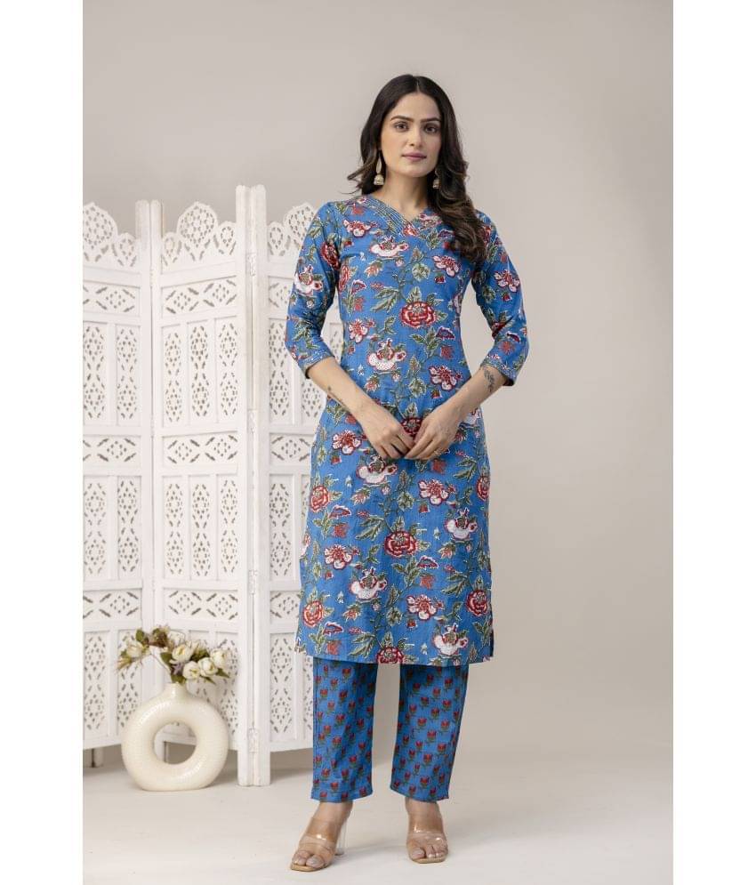 Angvarnika Cotton Printed Kurti With Pants Women's Stitched Salwar Suit - Blue ( Pack of 1 ) Angvarnika Cotton Printed Kurti With Pants Women's Stitched Salwar Suit - Blue ( Pack of 1 )