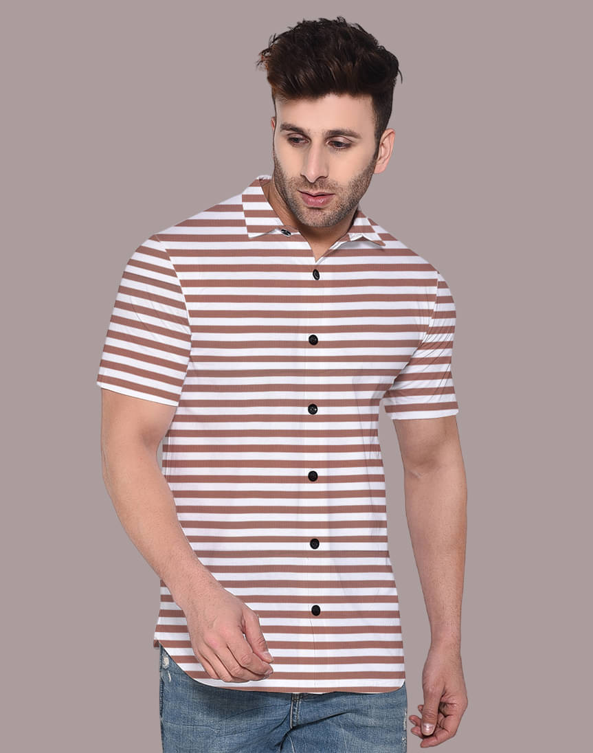     			Beyou Fashion Cotton Blend Regular Fit Striped Half Sleeves Men's Casual Shirt - Brown ( Pack of 1 )