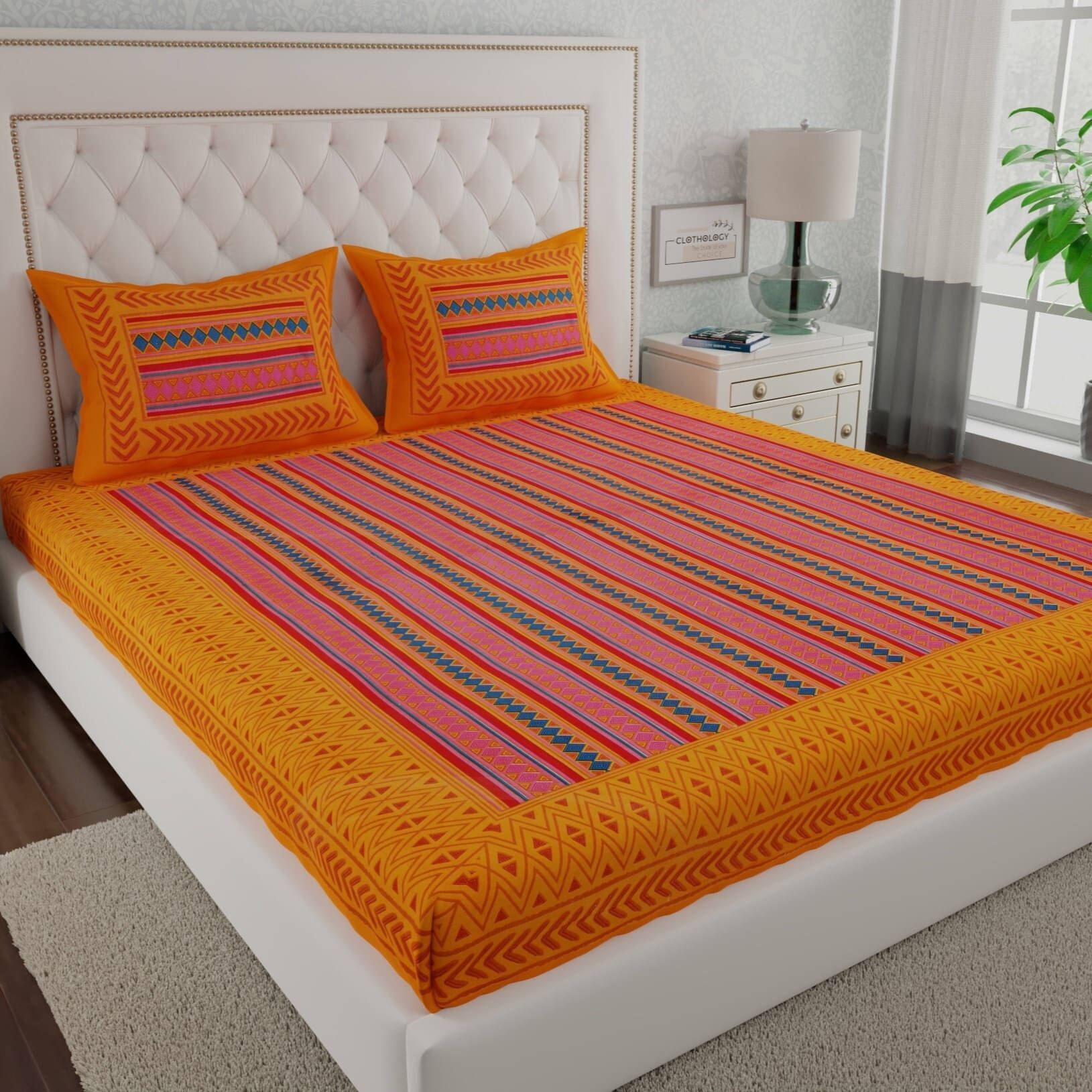     			CLOTHOLOGY Cotton 1 Double Bedsheet with 2 Pillow Covers ( Orange )