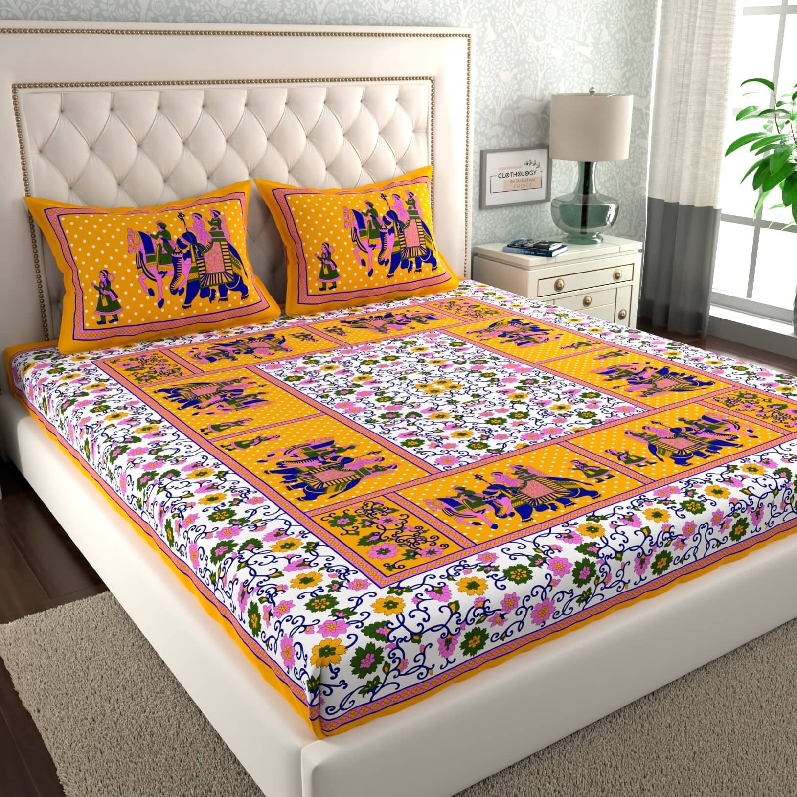     			CLOTHOLOGY Cotton 1 Double Bedsheet with 2 Pillow Covers ( Yellow )