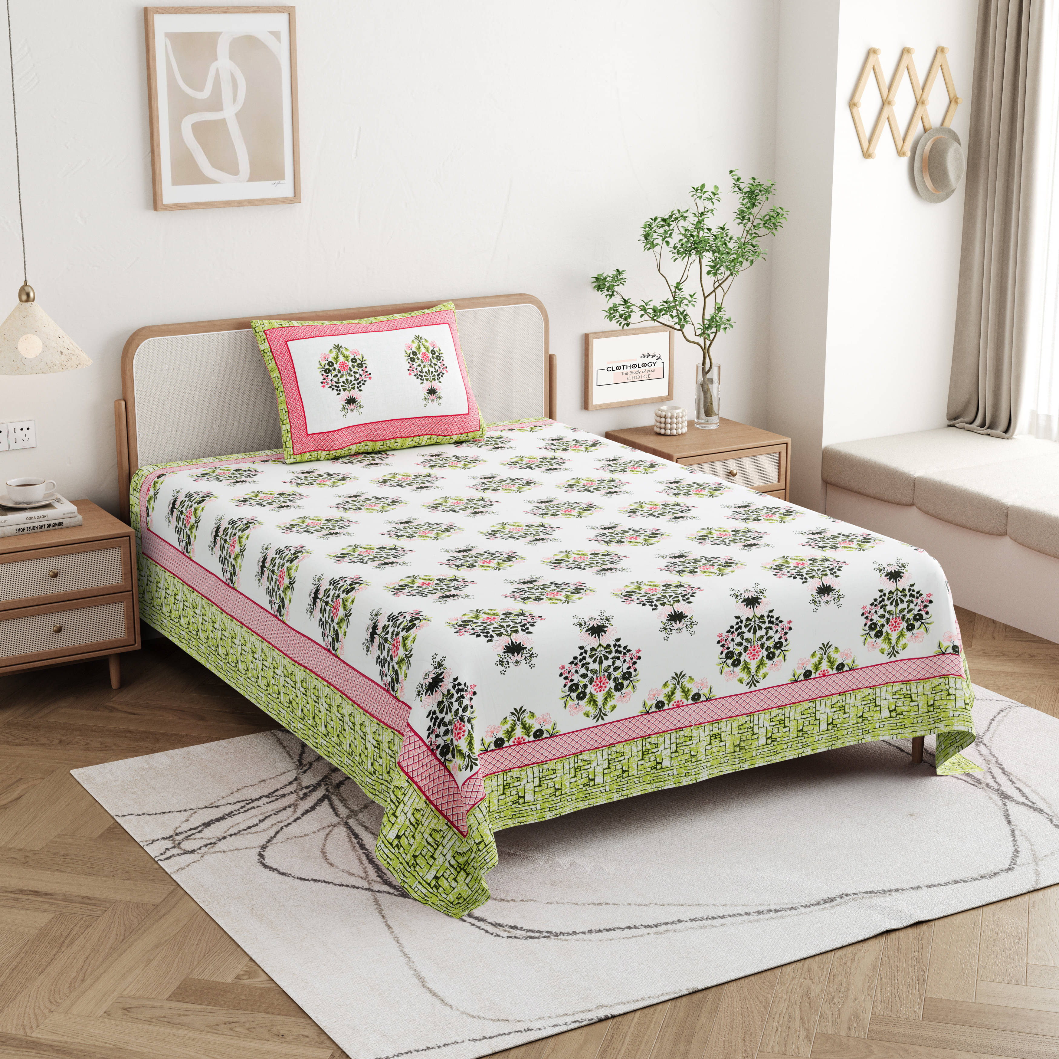     			CLOTHOLOGY Cotton 1 Single Bedsheet with 1 Pillow Cover ( Multicolor )