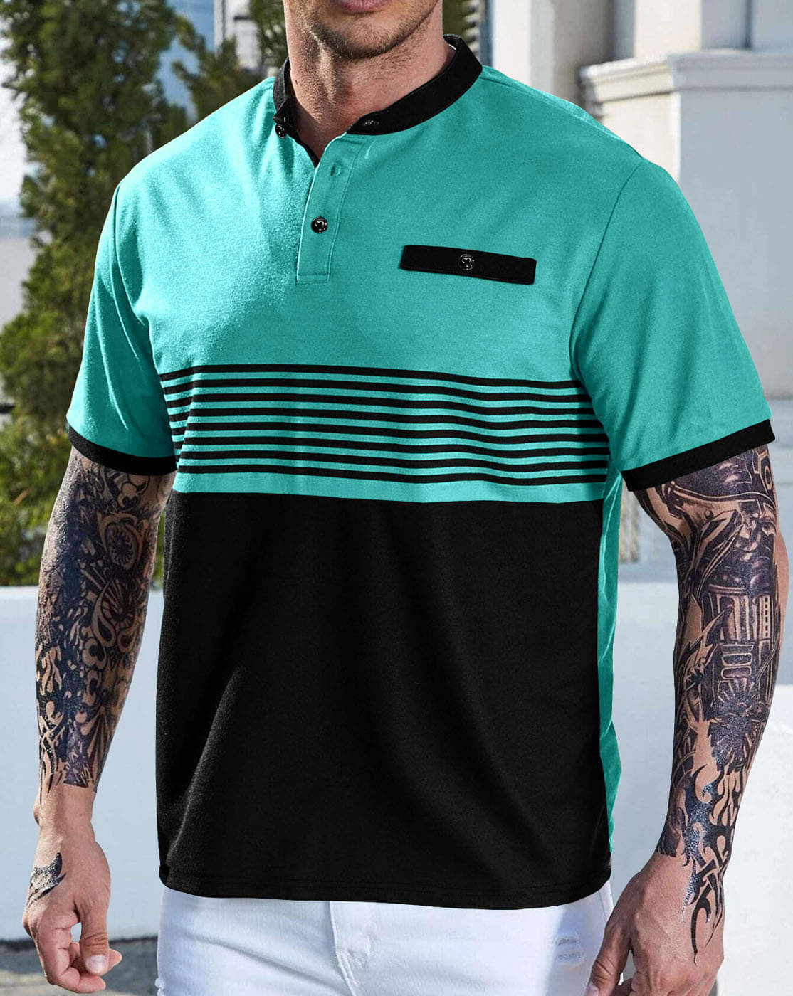     			Eyebogler Cotton Blend Regular Fit Striped Half Sleeves Men's Mandarin Collar T-Shirt - Green ( Pack of 1 )