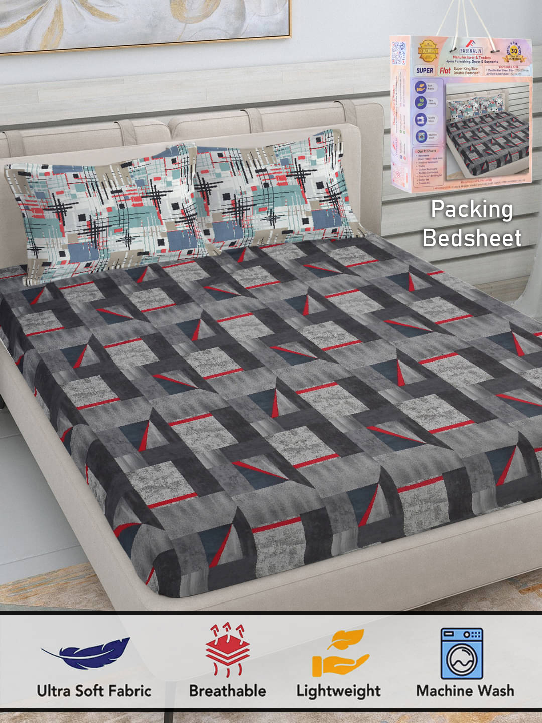 FABINALIV Poly Cotton 1 Double King Bedsheet with 2 Pillow Covers ( Grey ) FABINALIV Poly Cotton 1 Double King Bedsheet with 2 Pillow Covers ( Grey )