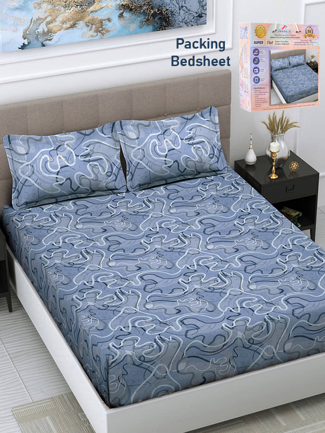     			FABINALIV Poly Cotton 1 Double King Bedsheet with 2 Pillow Covers ( Blue )