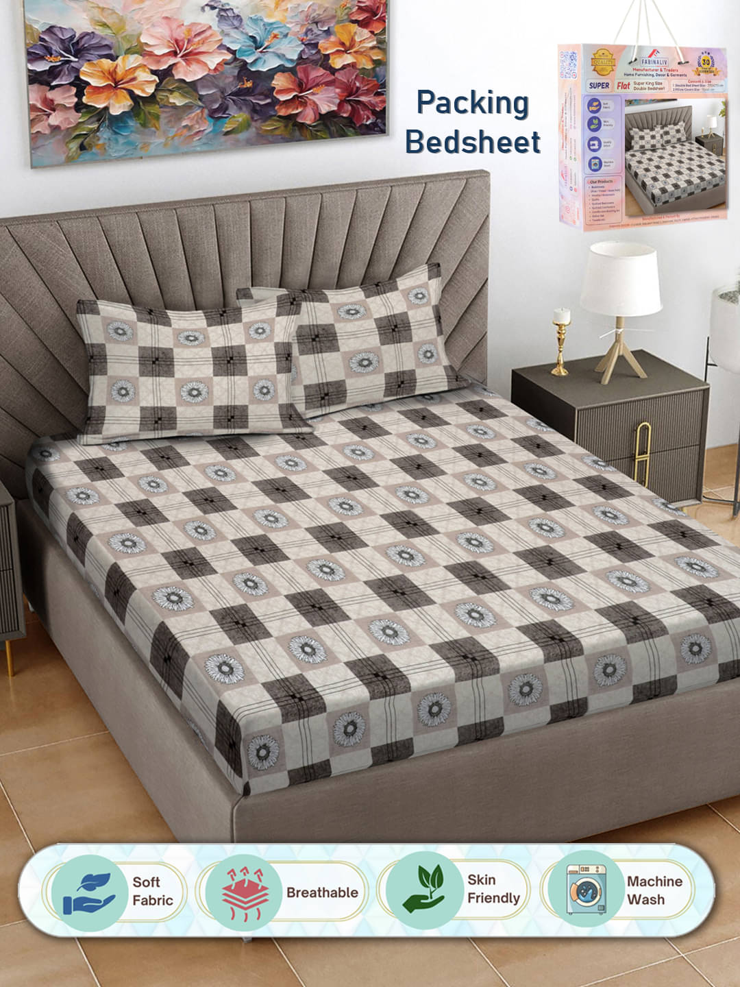 FABINALIV Poly Cotton 1 Double King Bedsheet with 2 Pillow Covers ( Brown )     			FABINALIV Poly Cotton 1 Double King Bedsheet with 2 Pillow Covers ( Brown )