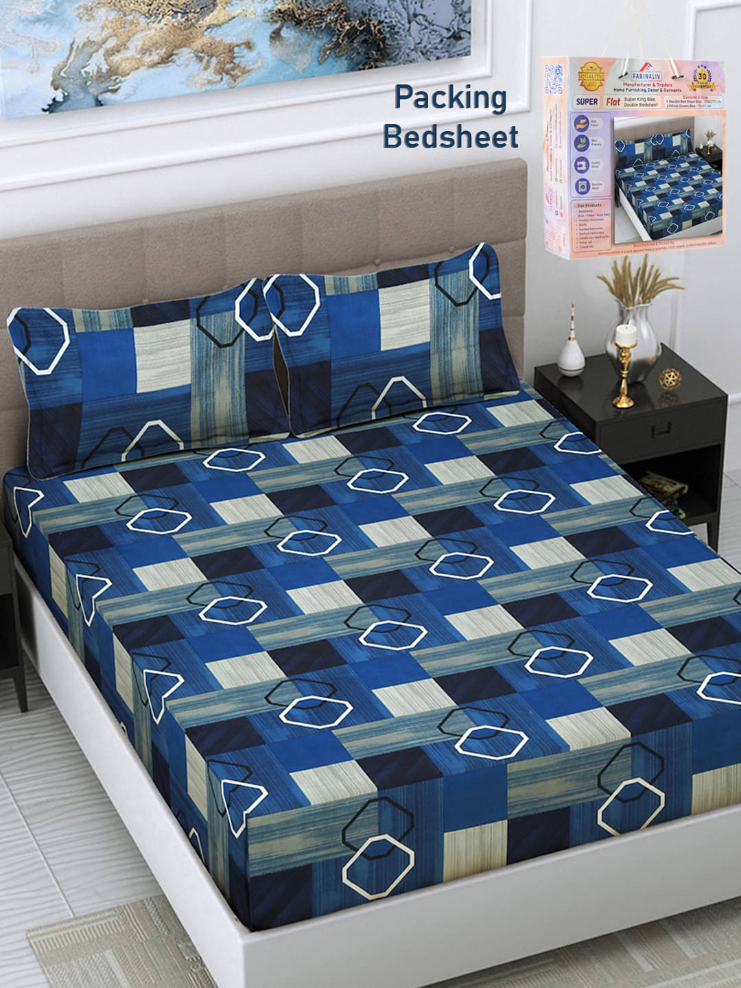     			FABINALIV Poly Cotton 1 Double King Bedsheet with 2 Pillow Covers ( Blue )