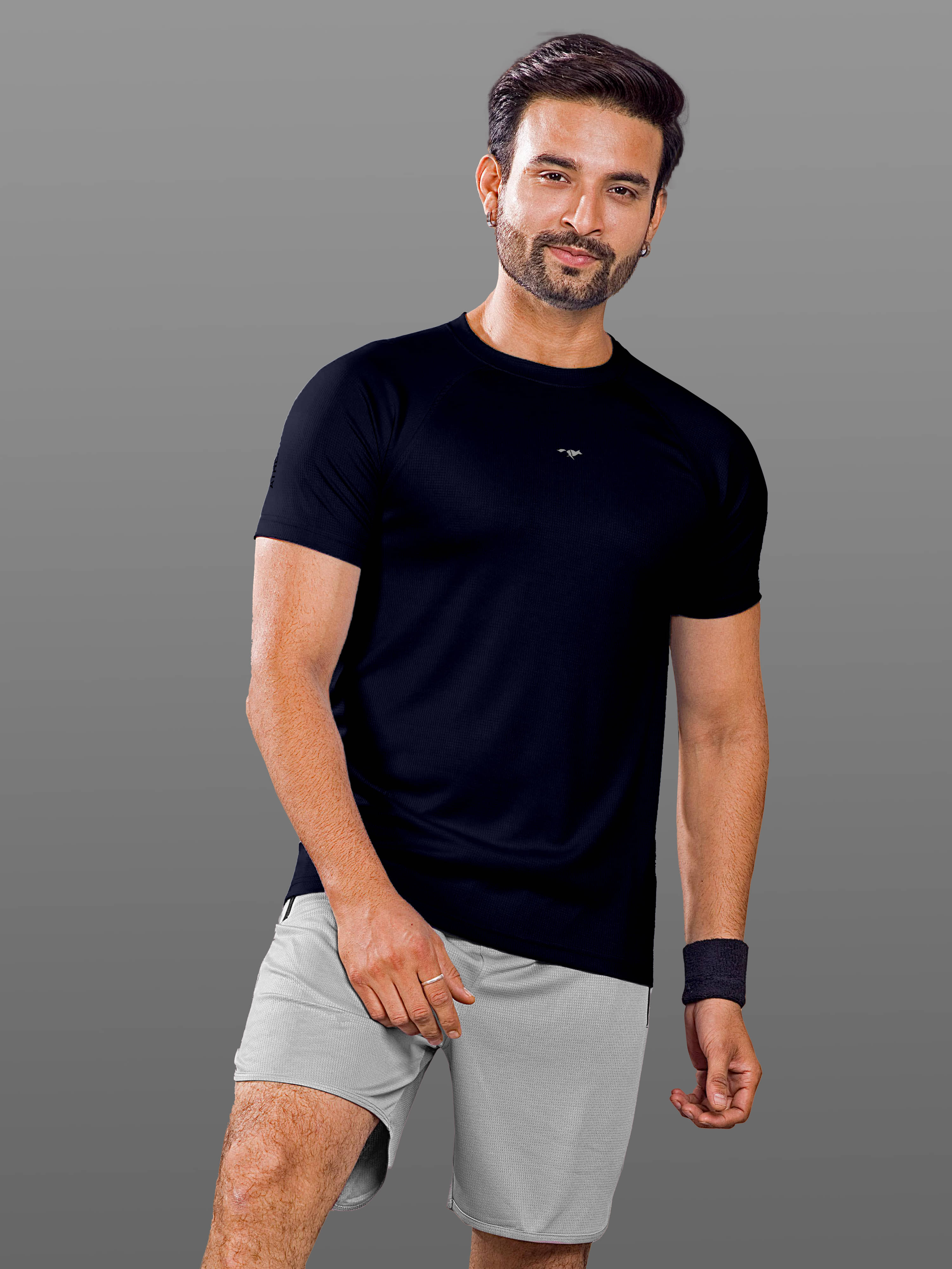     			FROSEN FOX Polyester Regular Fit Self Design Half Sleeves Men's Round T-Shirt - Navy ( Pack of 1 )