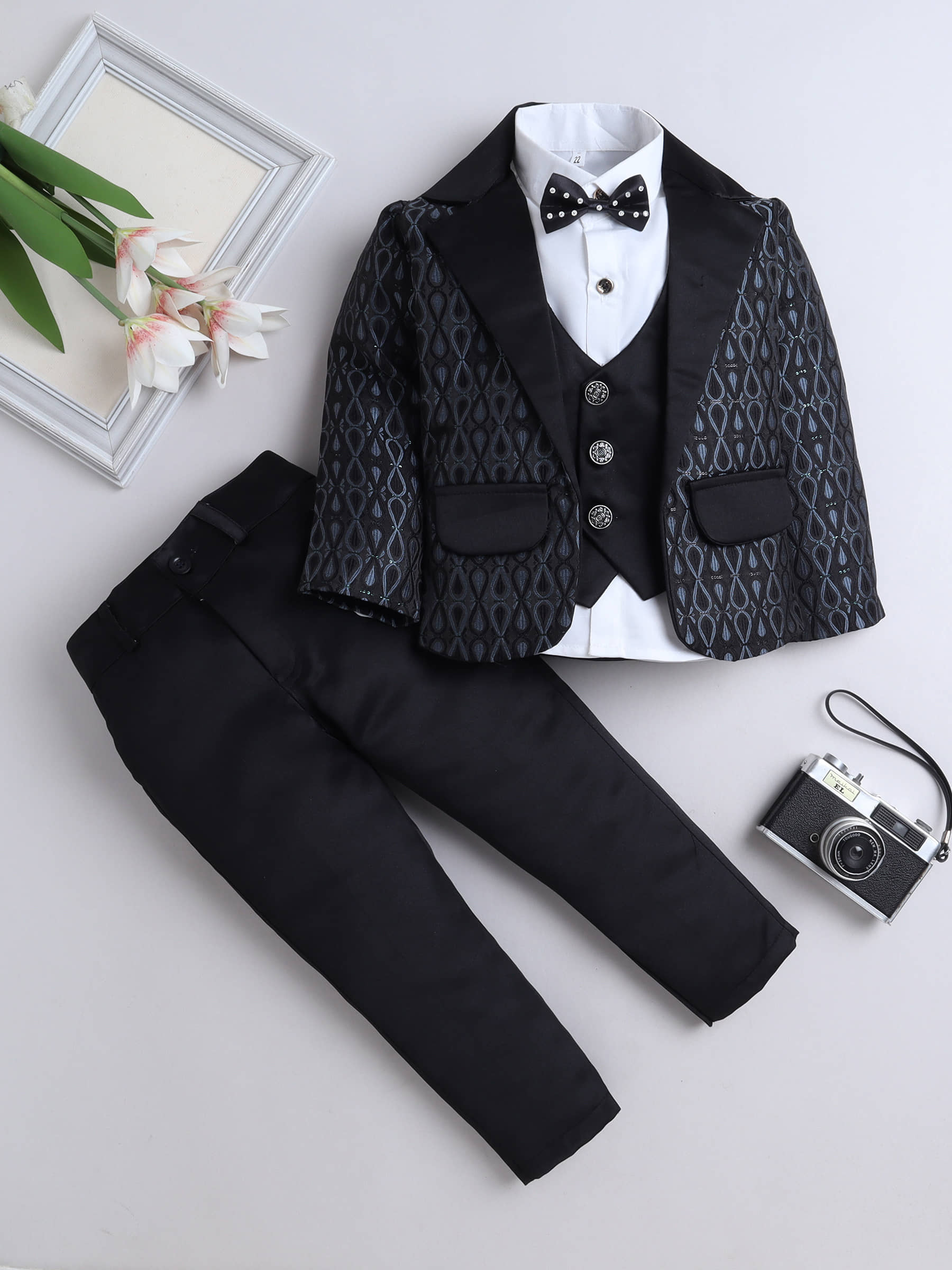 Fourfolds Pack of 1 Boys Cotton Blend Shirt & Pants Set ( Grey )