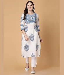 GOD BLESS Pack of 1 Cotton Printed Straight Women's Kurti - ( White )
