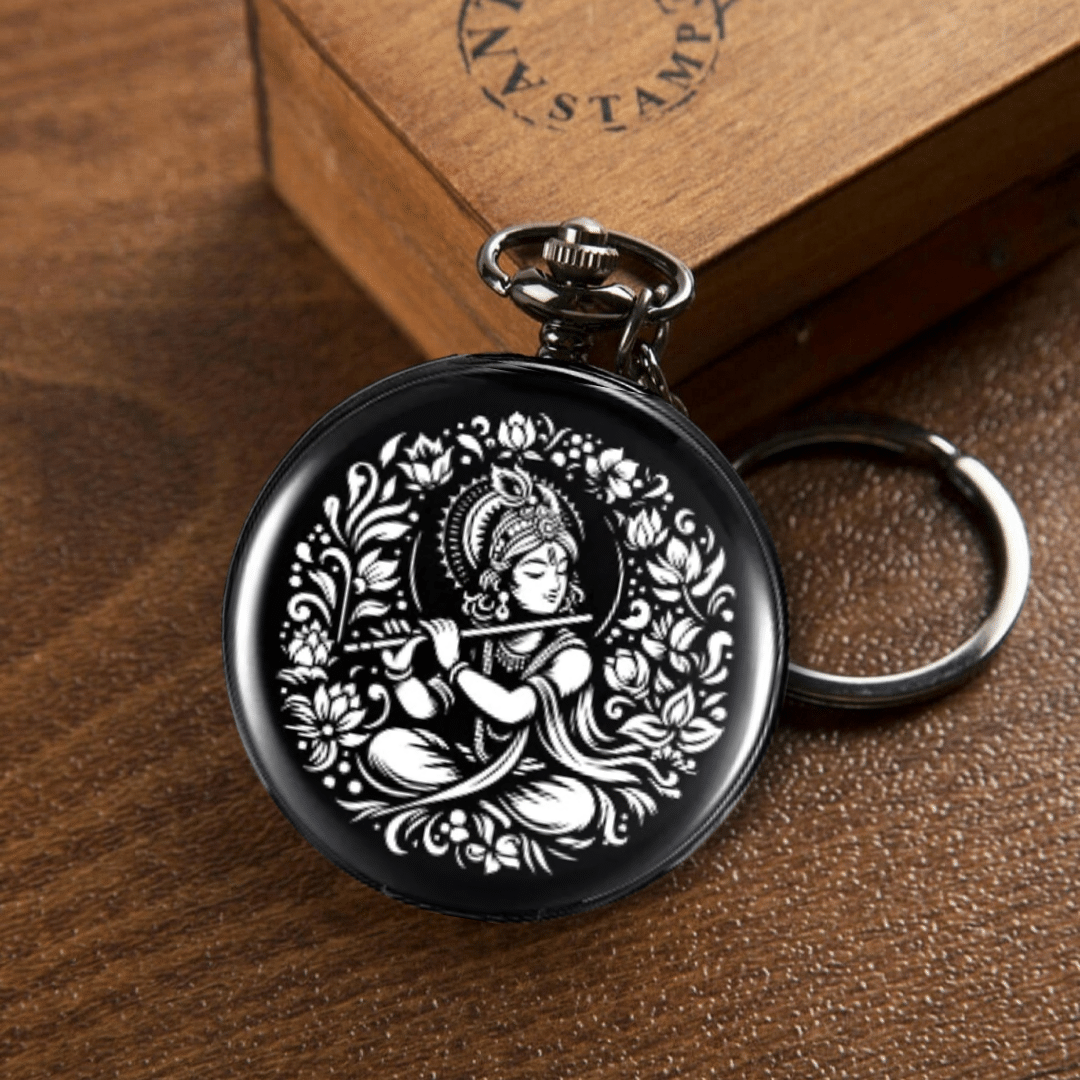    			Krishna Theme Engraved Royal Black Pocket Watch for Men Women & Kids Key Ring for car or Bike Keys Ideal Gift