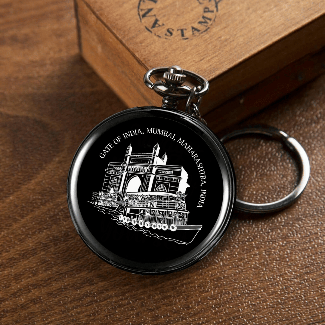 Black Pocket Watch with Gateway of India Design | Antique Look Gift for Kids Boys Girls | Durable Keychain Charm Black Pocket Watch with Gateway of India Design | Antique Look Gift for Kids Boys Girls | Durable Keychain Charm