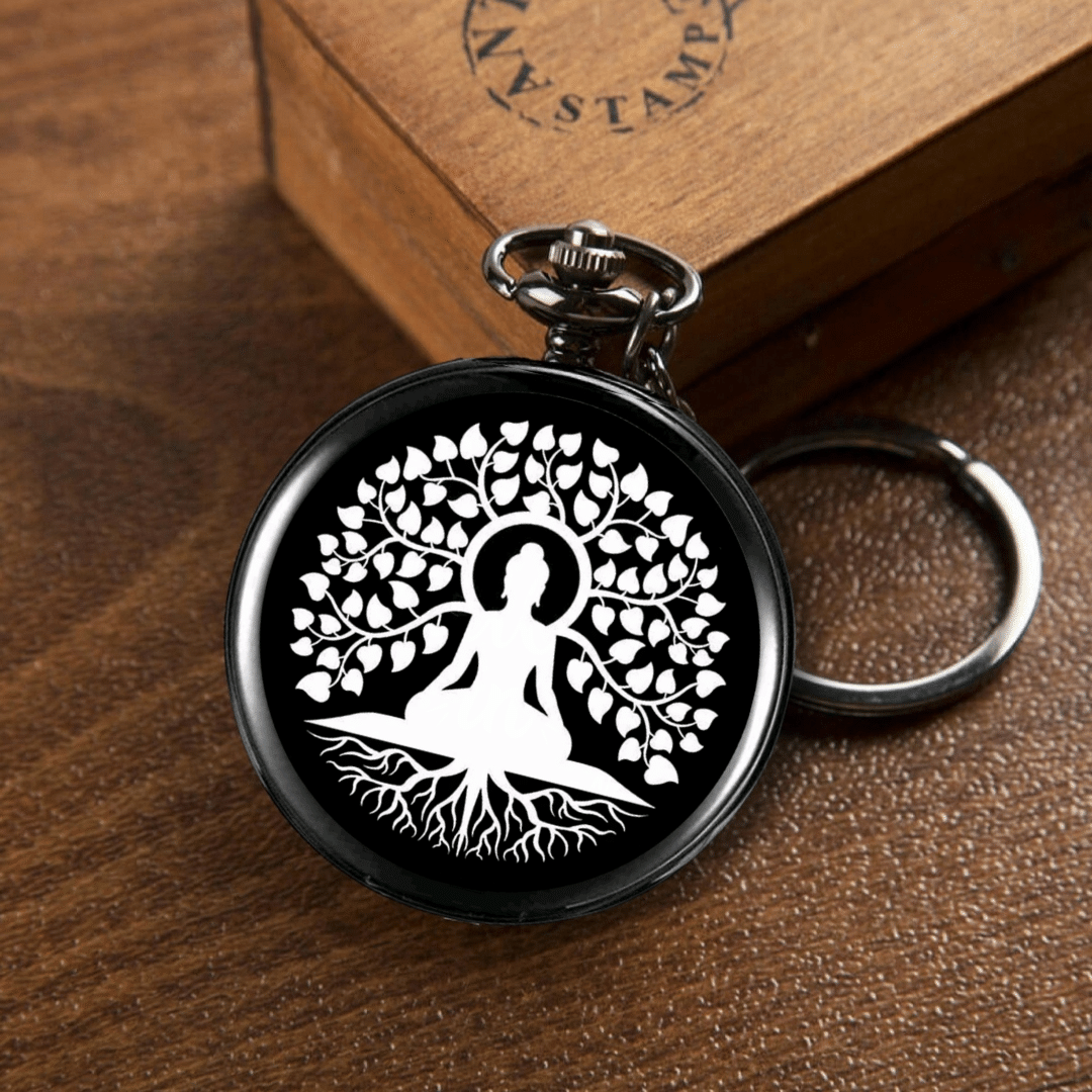 Buddha Tree Theme Pocket Watch Black Antique Metallic Gift Key Ring Key Chain Buddha Tree Theme Pocket Watch Black Antique Metallic Gift Key Ring Key Chain