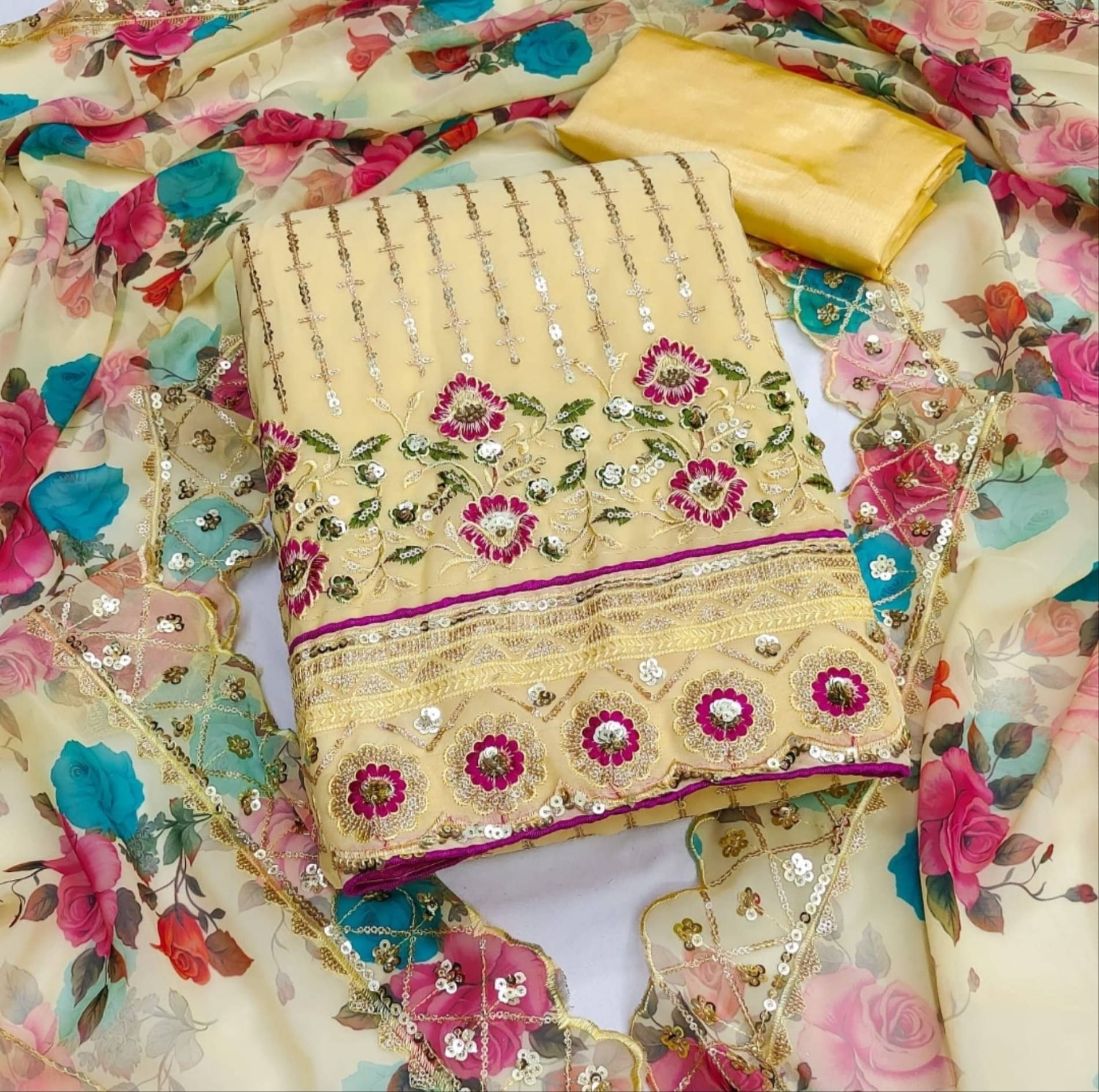     			HL SILKMILLS Unstitched Georgette Embellished Dress Material - Yellow ( Pack of 1 )
