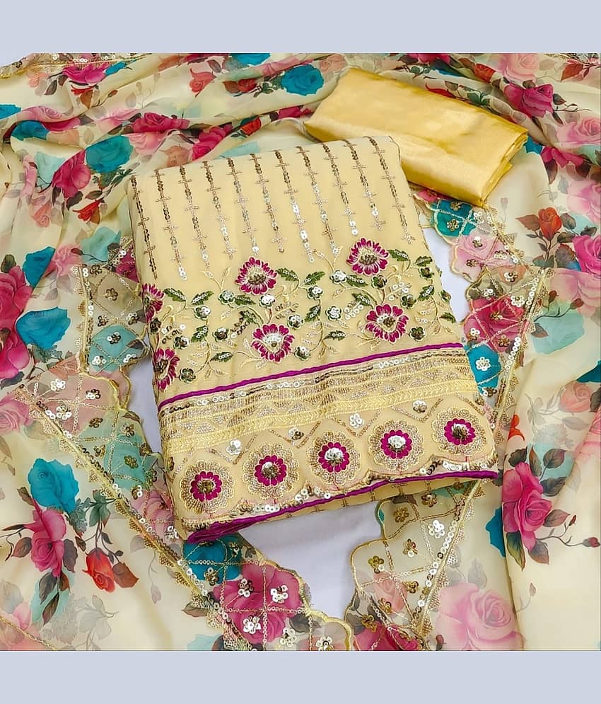 HL SILKMILLS Unstitched Georgette Embellished Dress Material - Yellow ( Pack of 1 ) - Unstitched Fabrics | Buy online on ZillyBuy