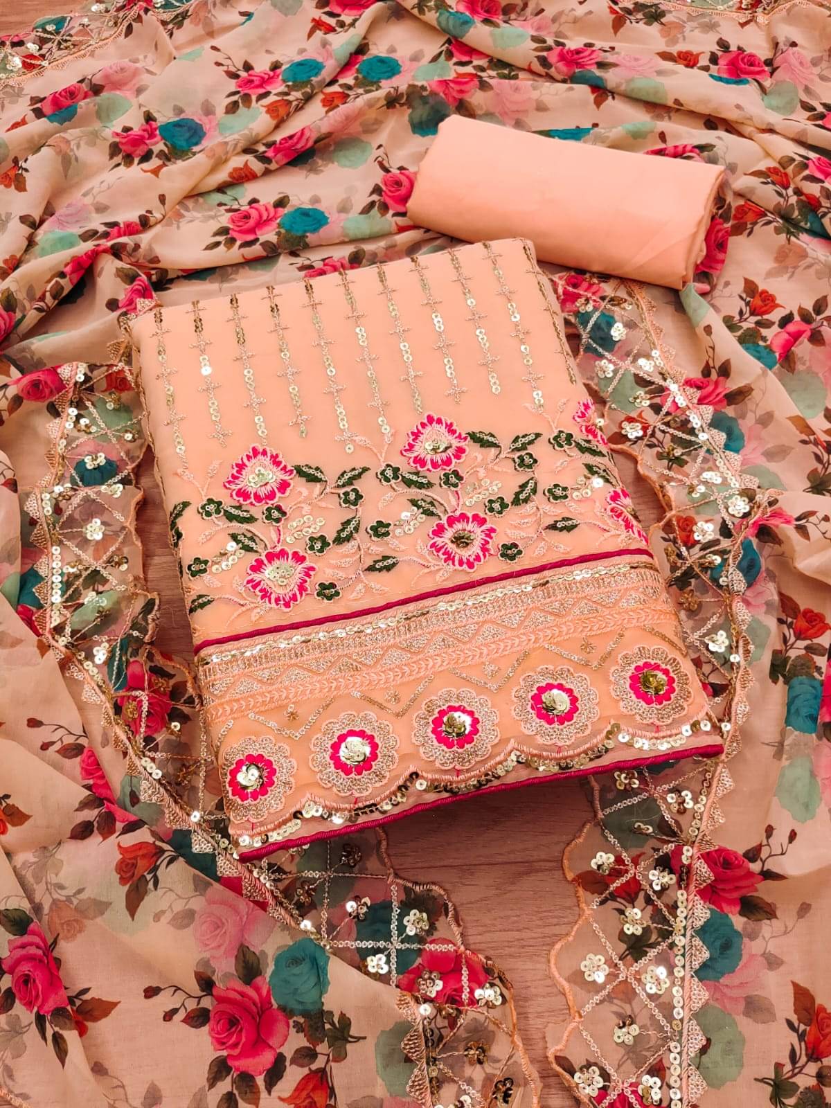     			HL SILKMILLS Unstitched Georgette Embellished Dress Material - Peach ( Pack of 1 )