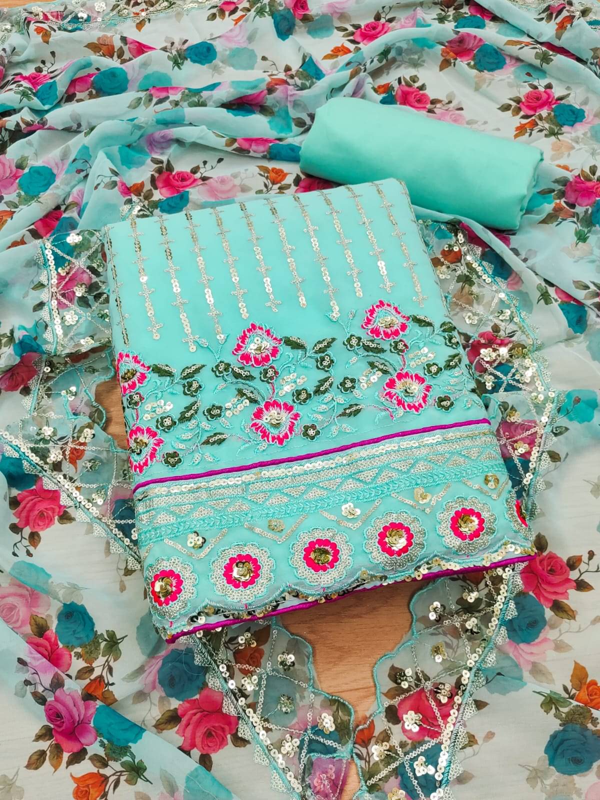     			HL SILKMILLS Unstitched Georgette Embellished Dress Material - Light Blue ( Pack of 1 )