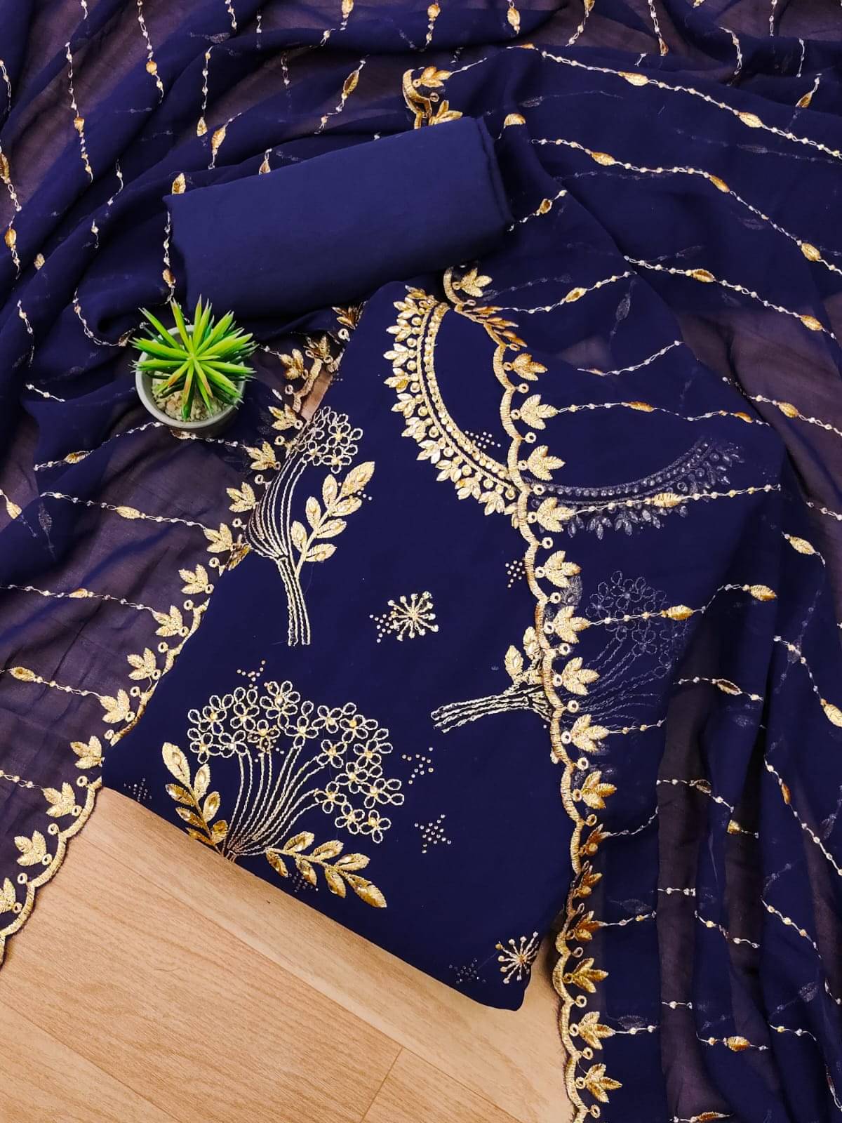     			HL SILKMILLS Unstitched Georgette Embroidered Dress Material - Navy Blue ( Pack of 1 )