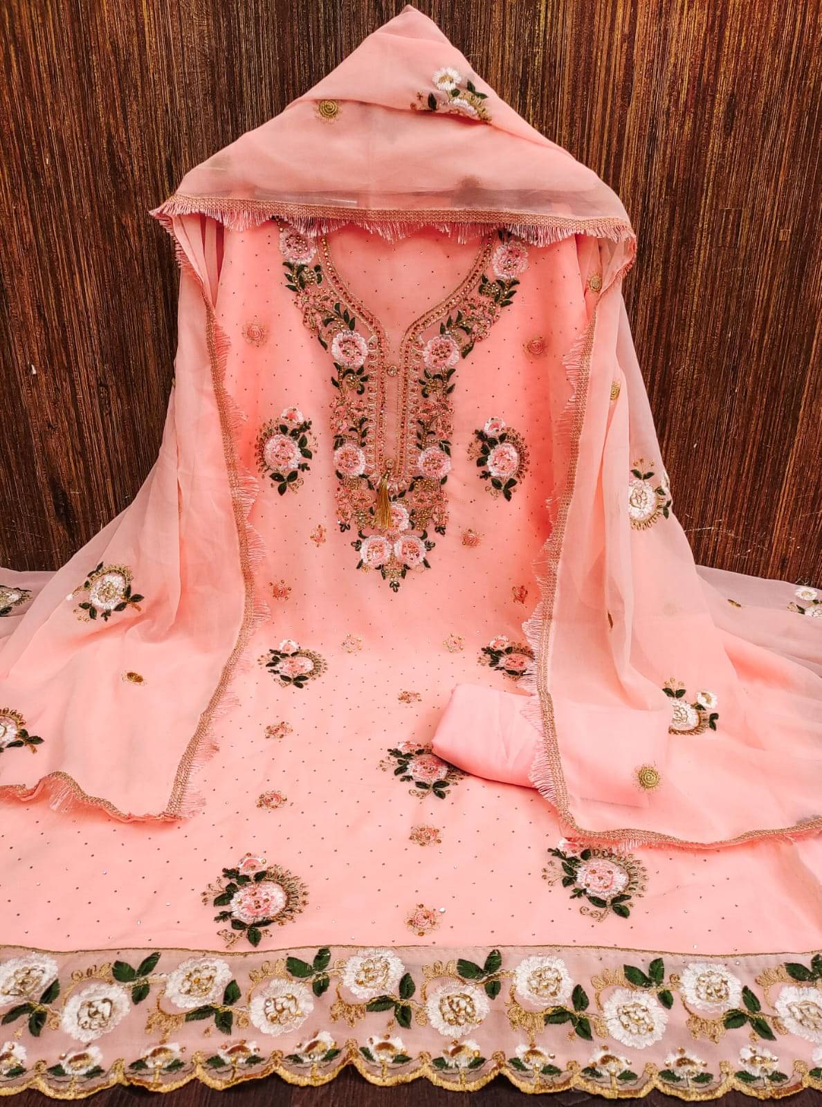     			HL SILKMILLS Unstitched Georgette Embroidered Dress Material - Peach ( Pack of 1 )