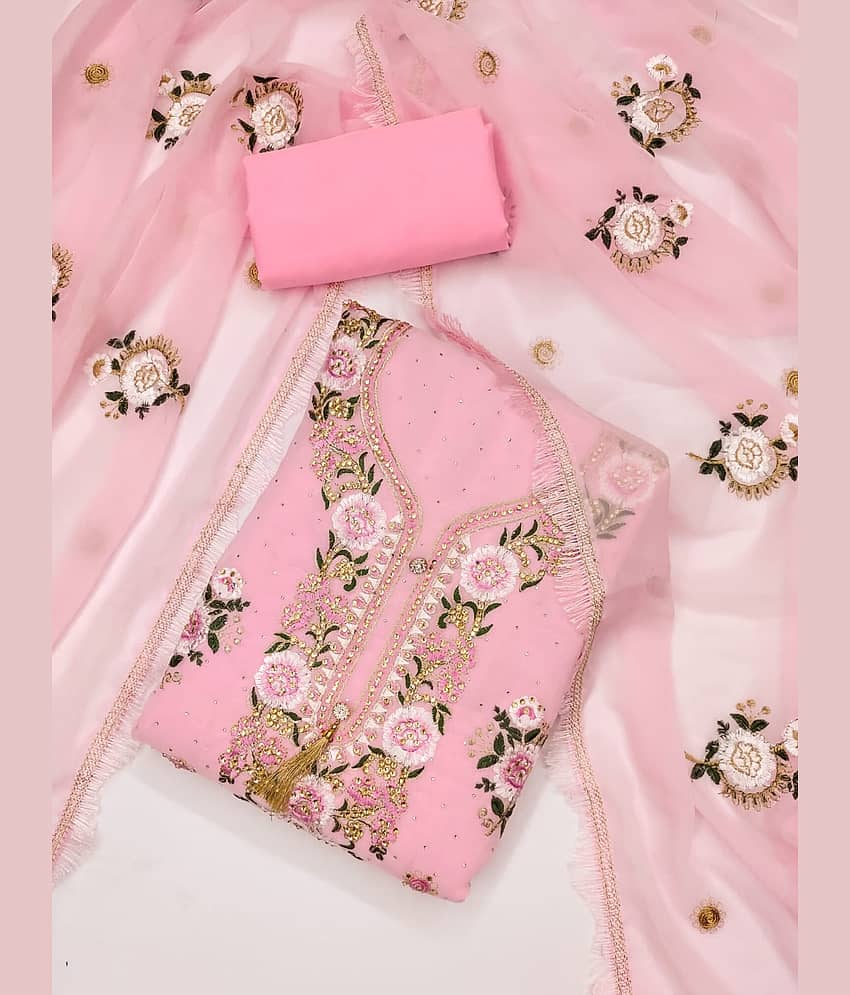 HL SILKMILLS Unstitched Georgette Embroidered Dress Material - Pink ( Pack of 1 ) - Unstitched Fabrics | Buy online on ZillyBuy