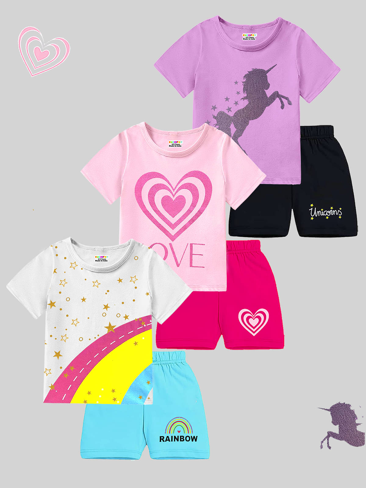     			Kuchipoo Pack of 3 Girls Cotton Blend T-shirt & Shorts ( Multicolor 2 )