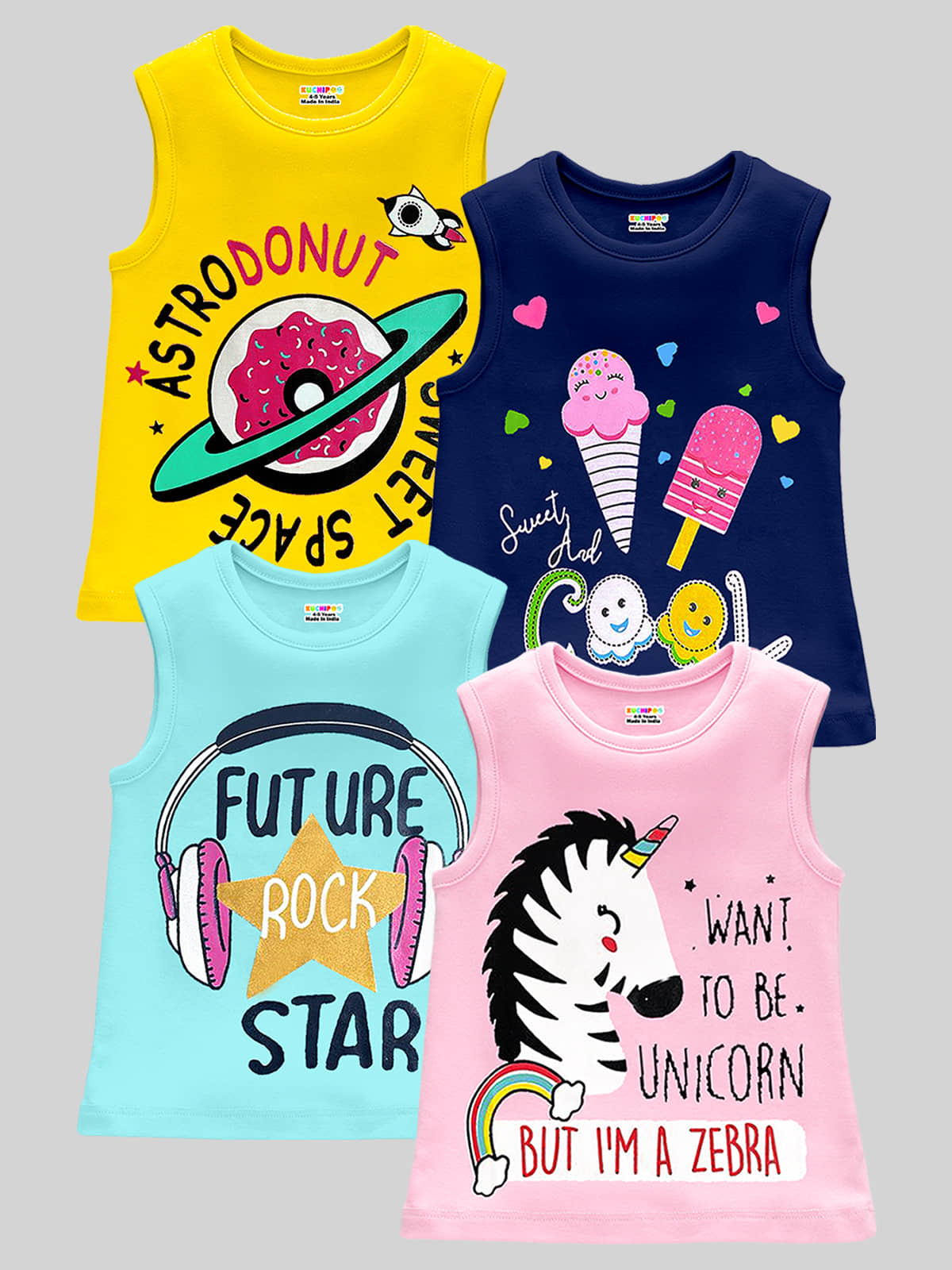 Kuchipoo Pack of 4 Girls Cotton Blend T-Shirt ( Multicolor 14 )