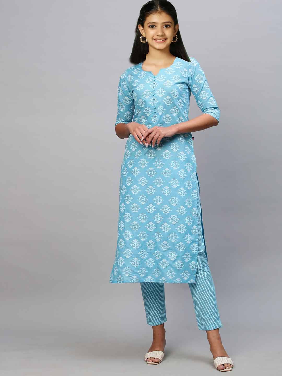     			Lady Shopi Girls Rayon Kurti with Pants ( Pack of 1 , Sky Blue )