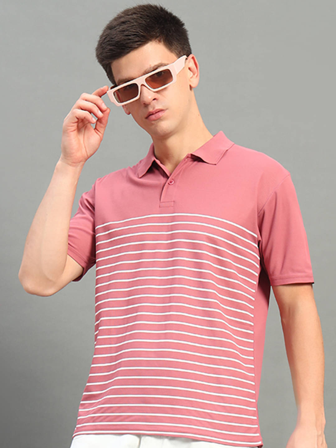 Nuovo Pack of 1 Cotton Blend Regular Fit Striped Half Sleeves Men's Polo T Shirt ( Coral ) Nuovo Pack of 1 Cotton Blend Regular Fit Striped Half Sleeves Men's Polo T Shirt ( Coral )