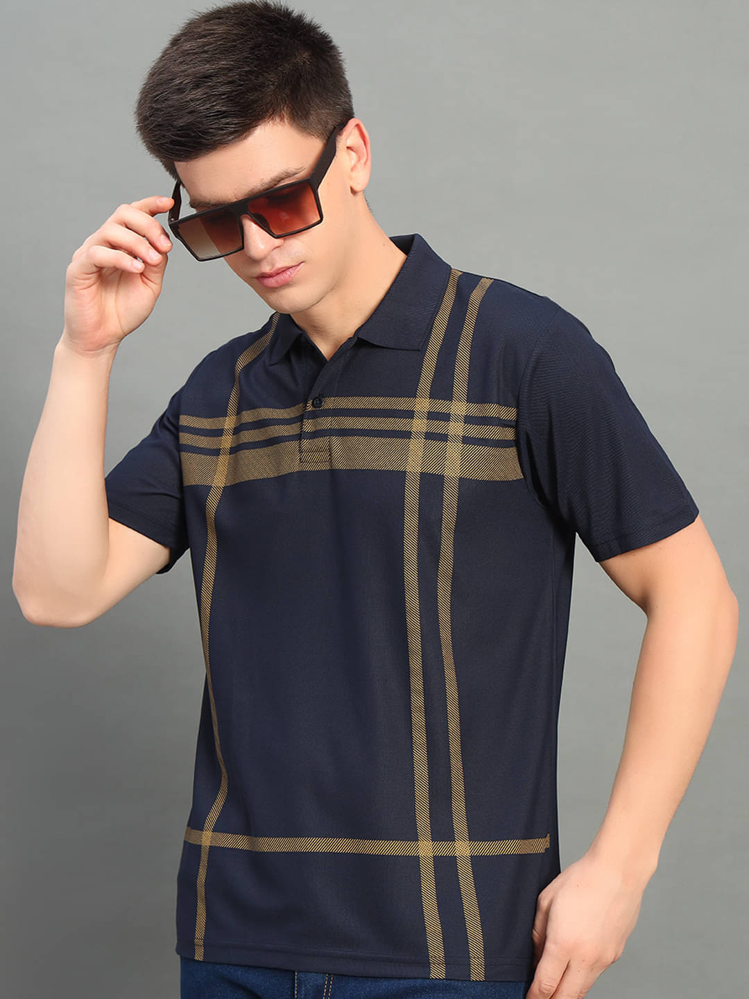     			Nuovo Pack of 1 Cotton Blend Regular Fit Checks Half Sleeves Men's Polo T Shirt ( Navy )