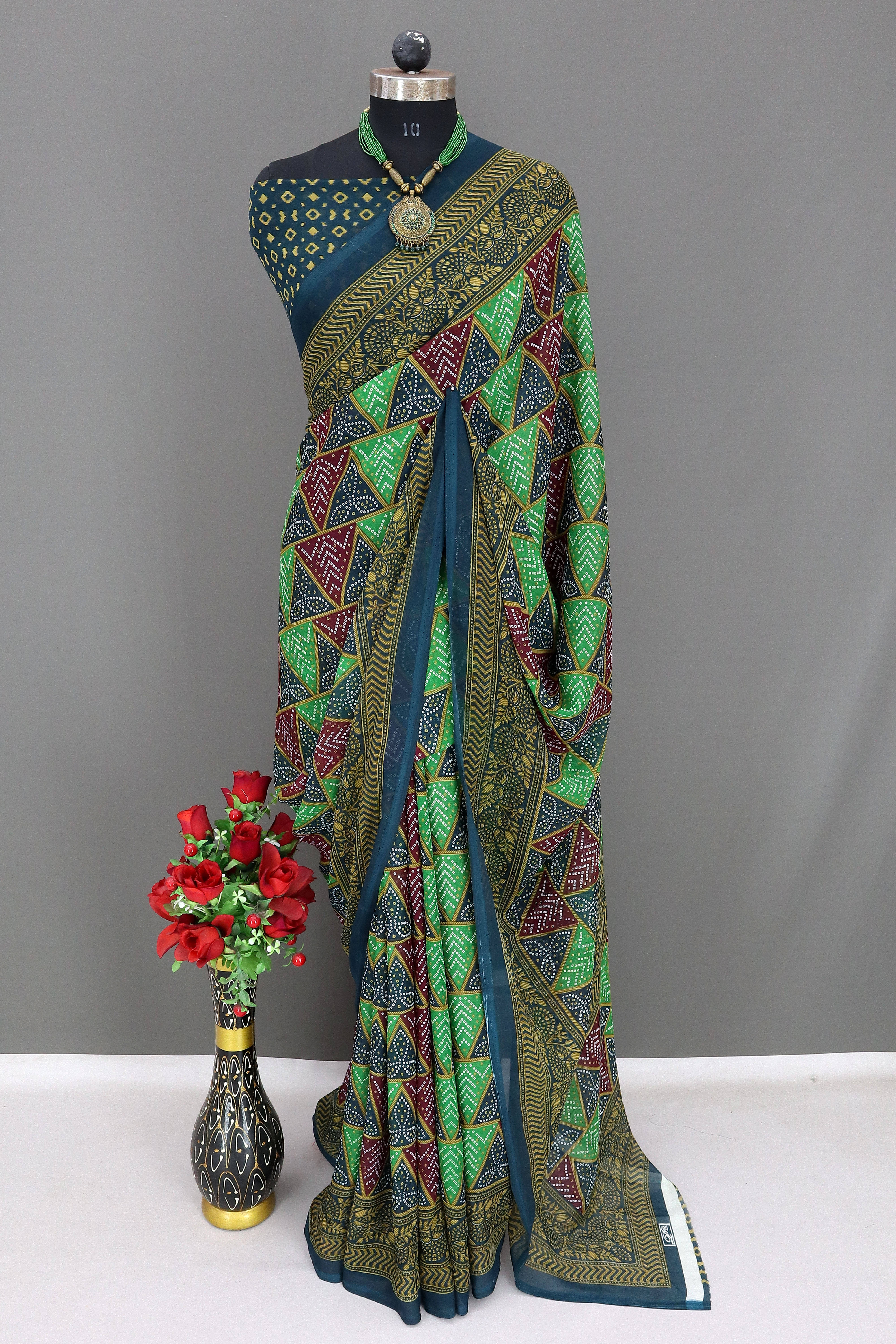     			Rekha Maniyar Georgette Printed Saree With Unstitched Blouse Piece ( Teal )