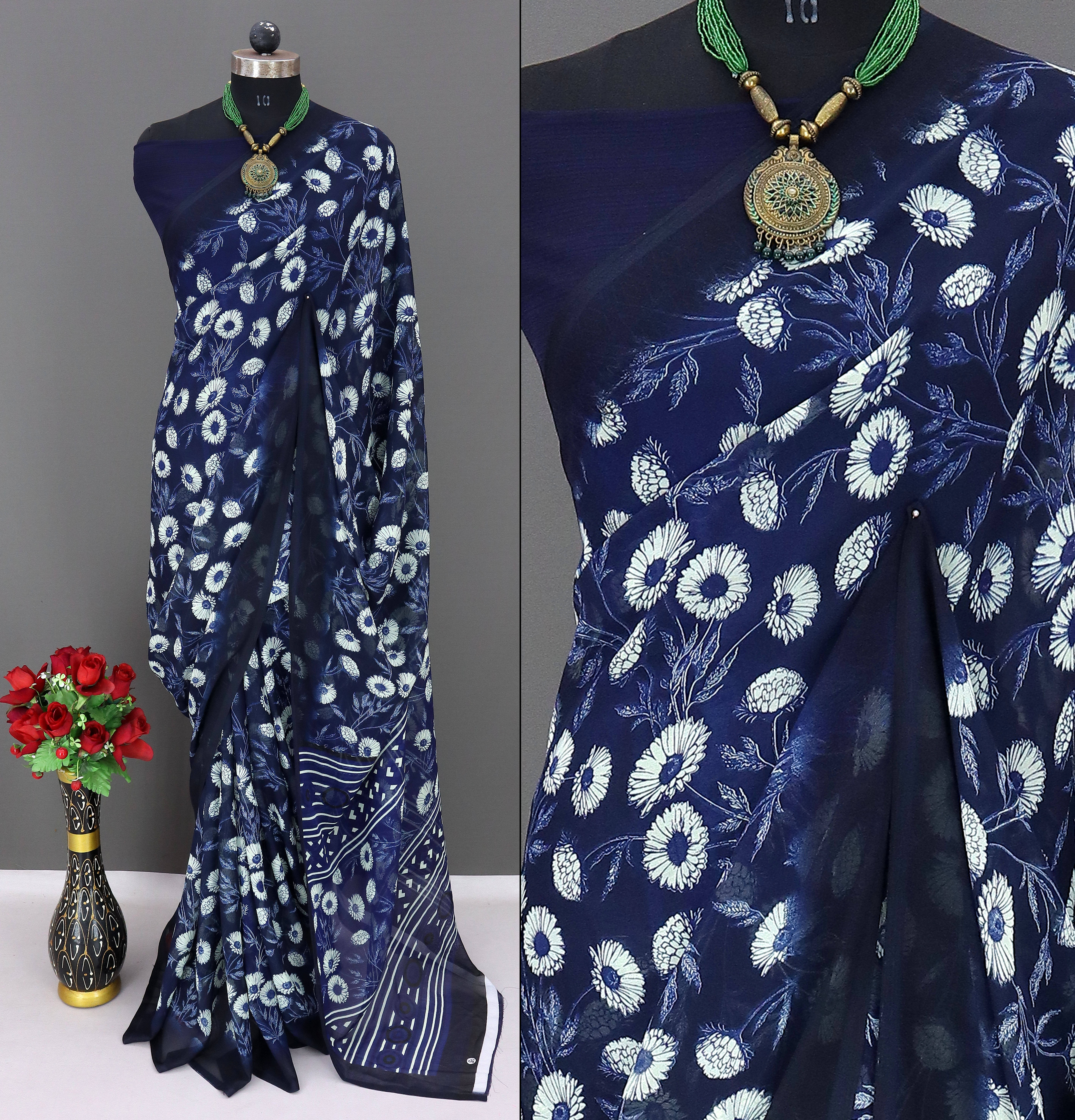 Rekha Maniyar Georgette Printed Saree With Unstitched Blouse Piece ( Navy Blue ) Rekha Maniyar Georgette Printed Saree With Unstitched Blouse Piece ( Navy Blue )